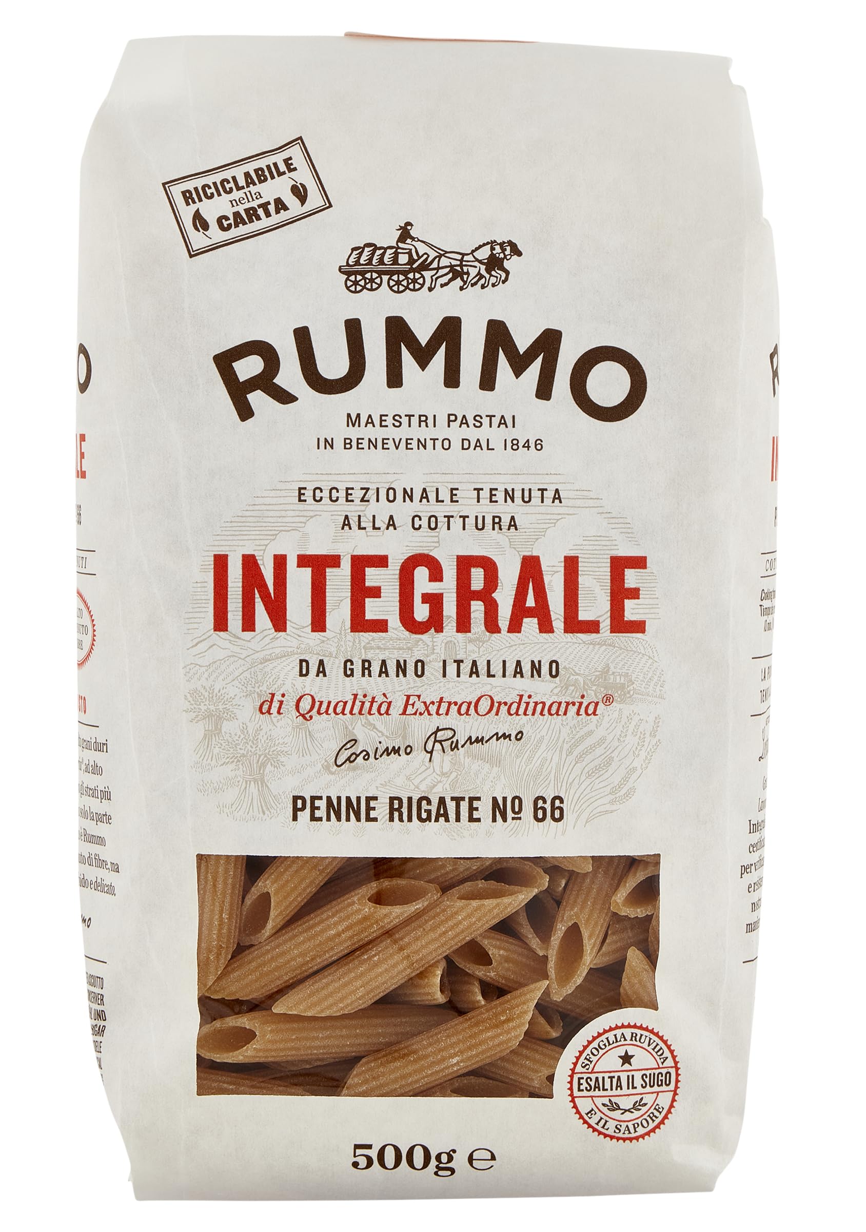 Rummo Penne Rigate Integrali No.66 - Wholegrain, Premium Italian Pasta, 500 g (Pack of 1)