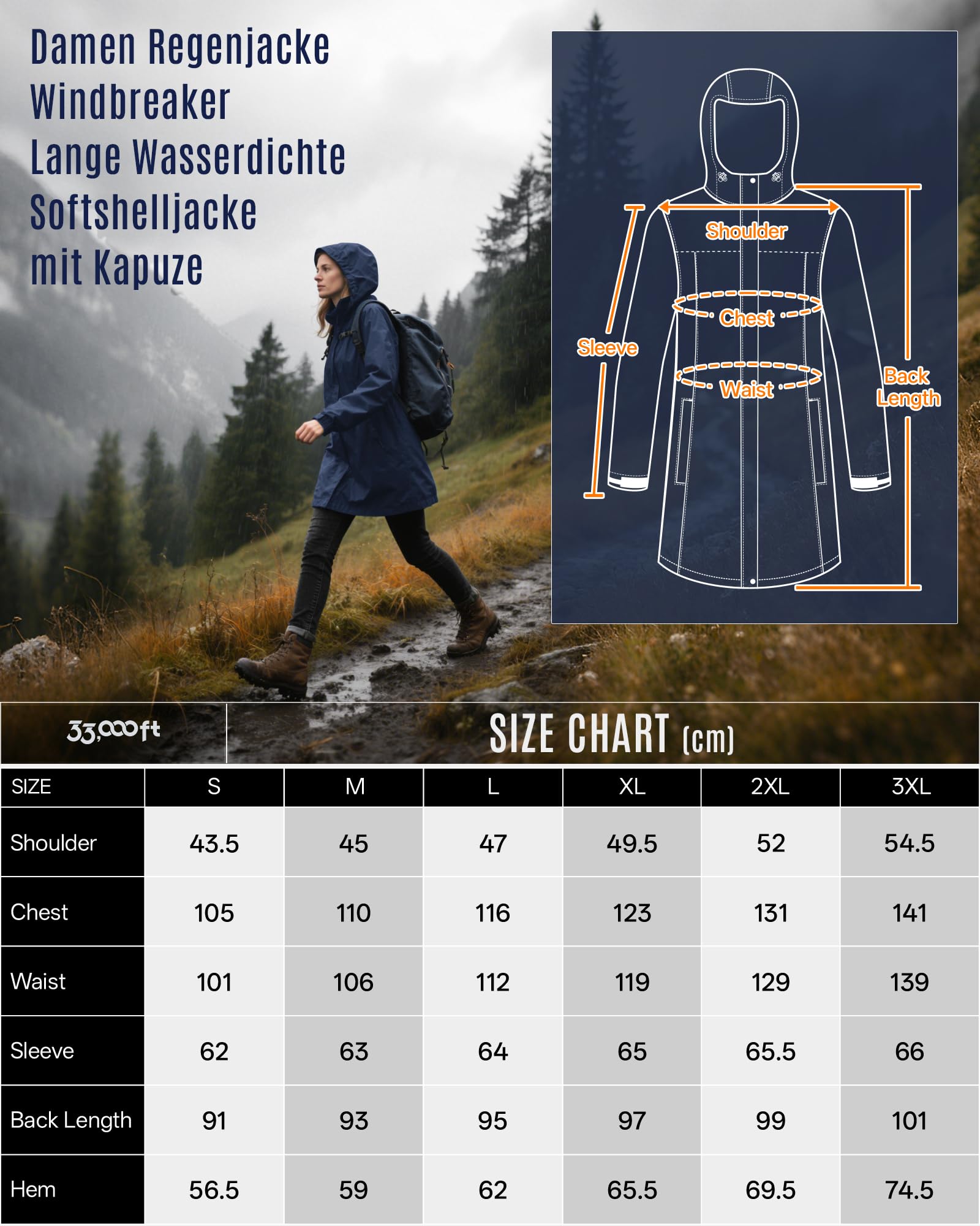 33,000ft Veste de pluie coupe-vent pour femme - Longue veste softshell imperméable avec capuche - Veste de transition légère - Veste de randonnée respirante pour le printemps, l'été et l'automne