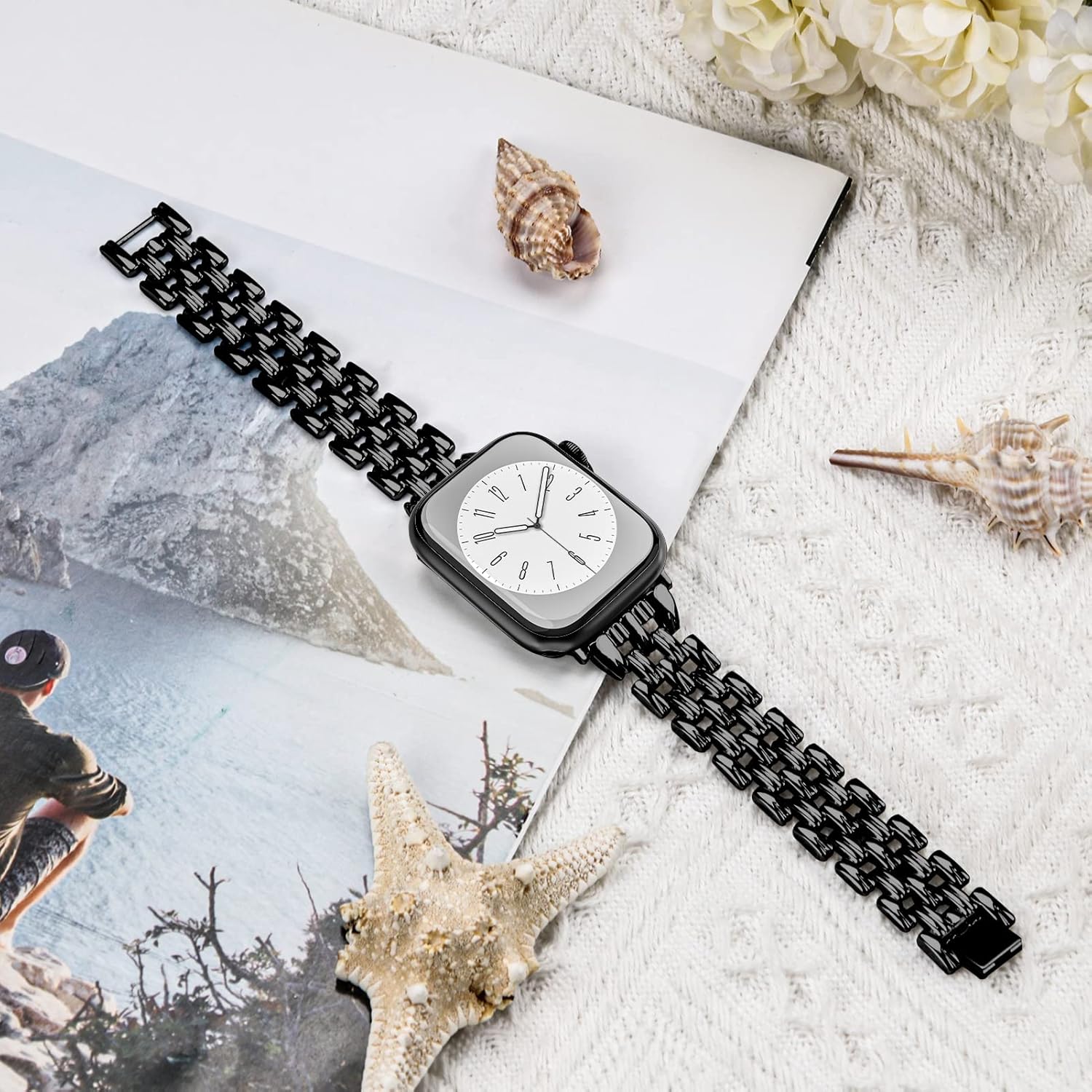 Metal Watch Band Compatible with Apple Watch 38mm 40mm 41mm 42mm 44mm 45mm 49mm, Dressy Strap with V-Shape Debossed Design for Women Men, Pretty Shiny Look