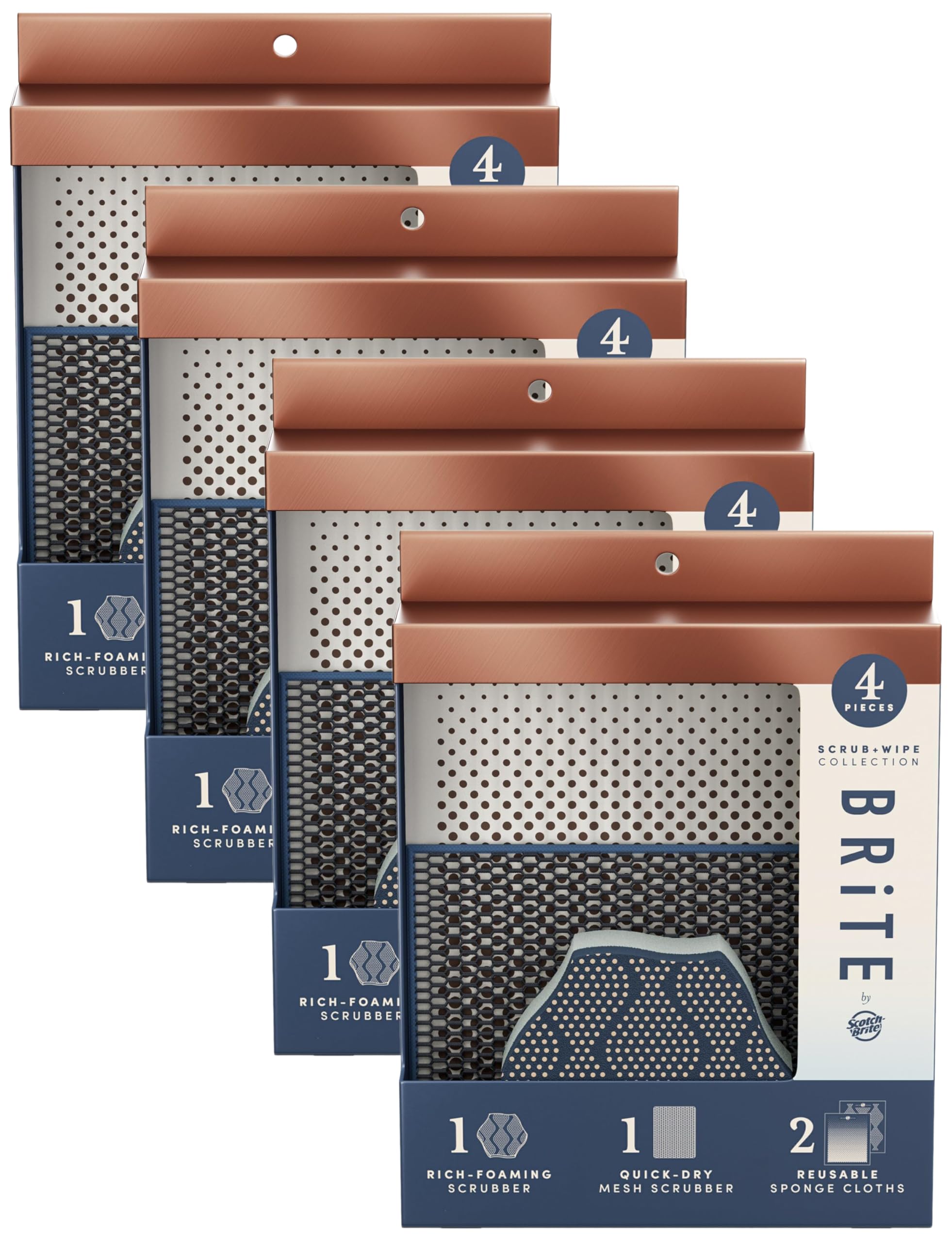 Brite by Scotch-Brite Limited Edition 4-Piece Scrub and Wipe Collection with 1 Rich-Foaming Dish Scrubber, 1 Quick-Dry Mesh Scrubber, and 2 Reusable Sponge Cloths (Pack of 4)