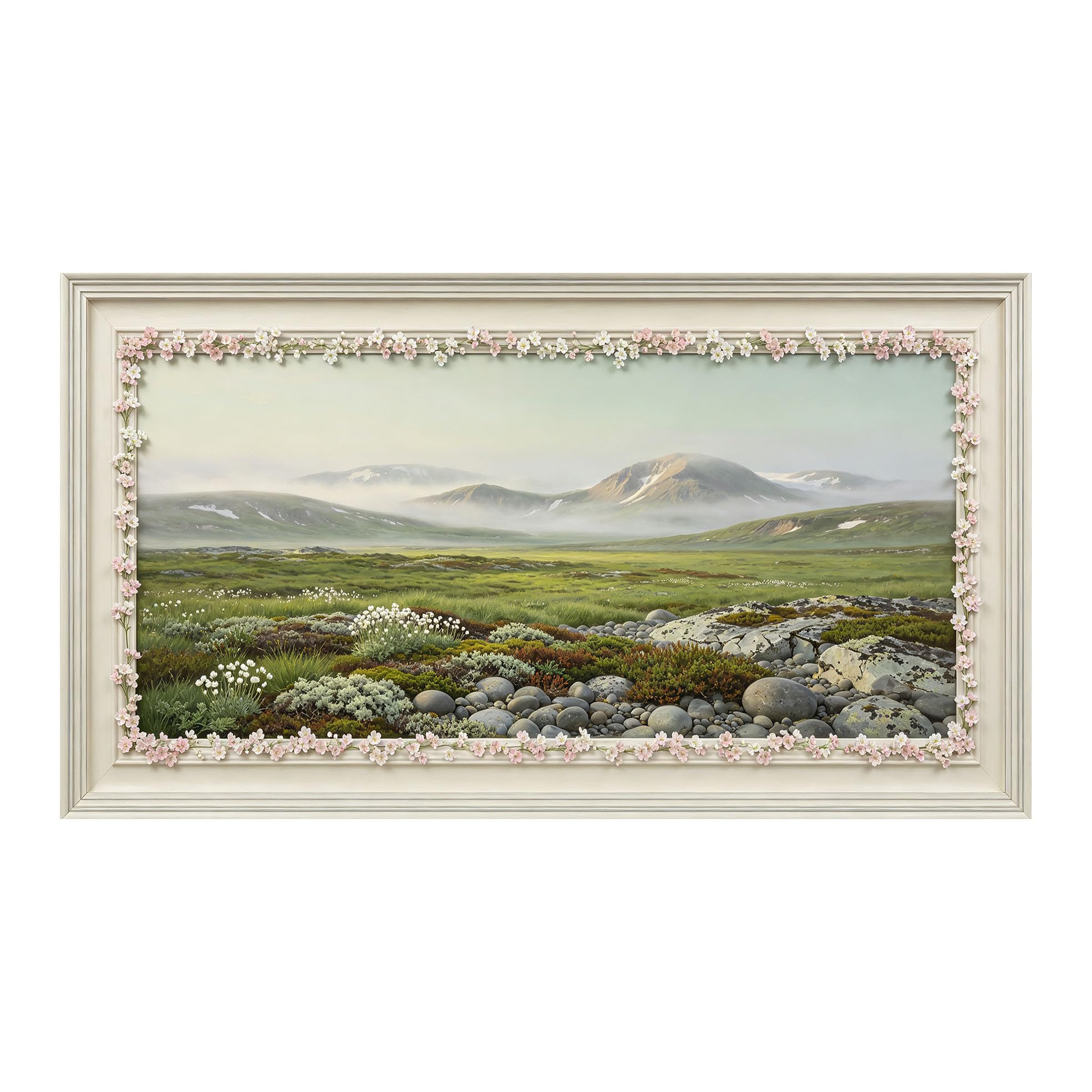 Yzpallescene 3D Framed Wall Art 50cm×100cm Misty Mountain Botanical Meadow Panoramic Impressionist Large Size SelfAdhesive Removable Wall Decor Prints Artwork for Living Room Bedroom Office