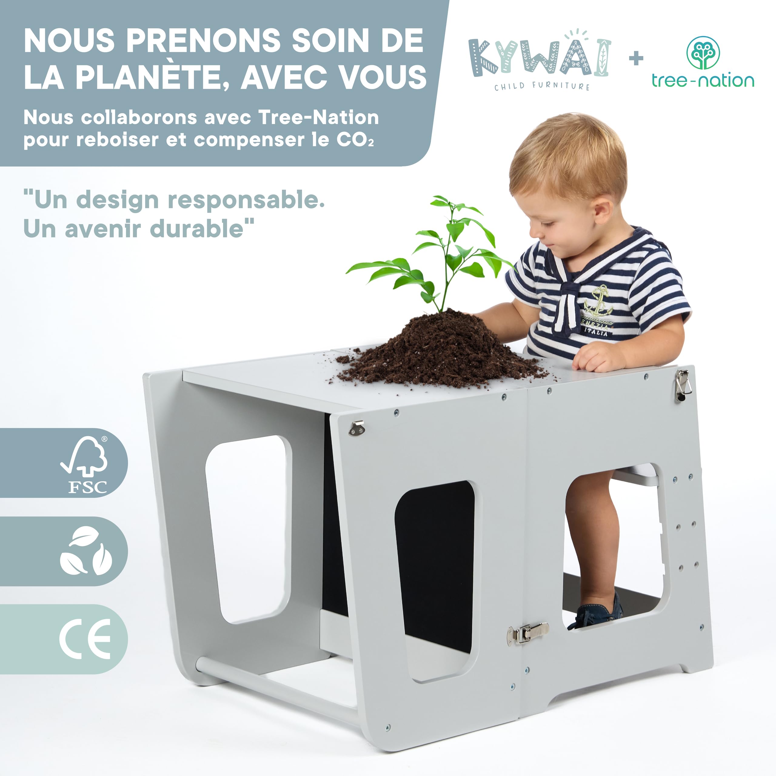 Tour d Observation Enfant en Bois Convertible en Bureau et Tabouret - Tour d'Observation Montessori avec Design Breveté, Fermetures de Sécurité, Finitions Haut de Gamme, Fonction 2-en-1 (Gris)