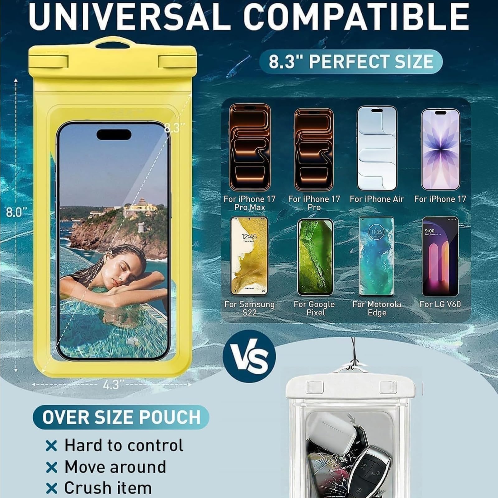 Funda universal impermeable para teléfono, con tarjeta interior, certificada y ligera, impermeable, accesorios para iPhone 17, 16, 15, 14, 13 Pro Max, 1 paquete, amarillo, 8.3 pulgadas