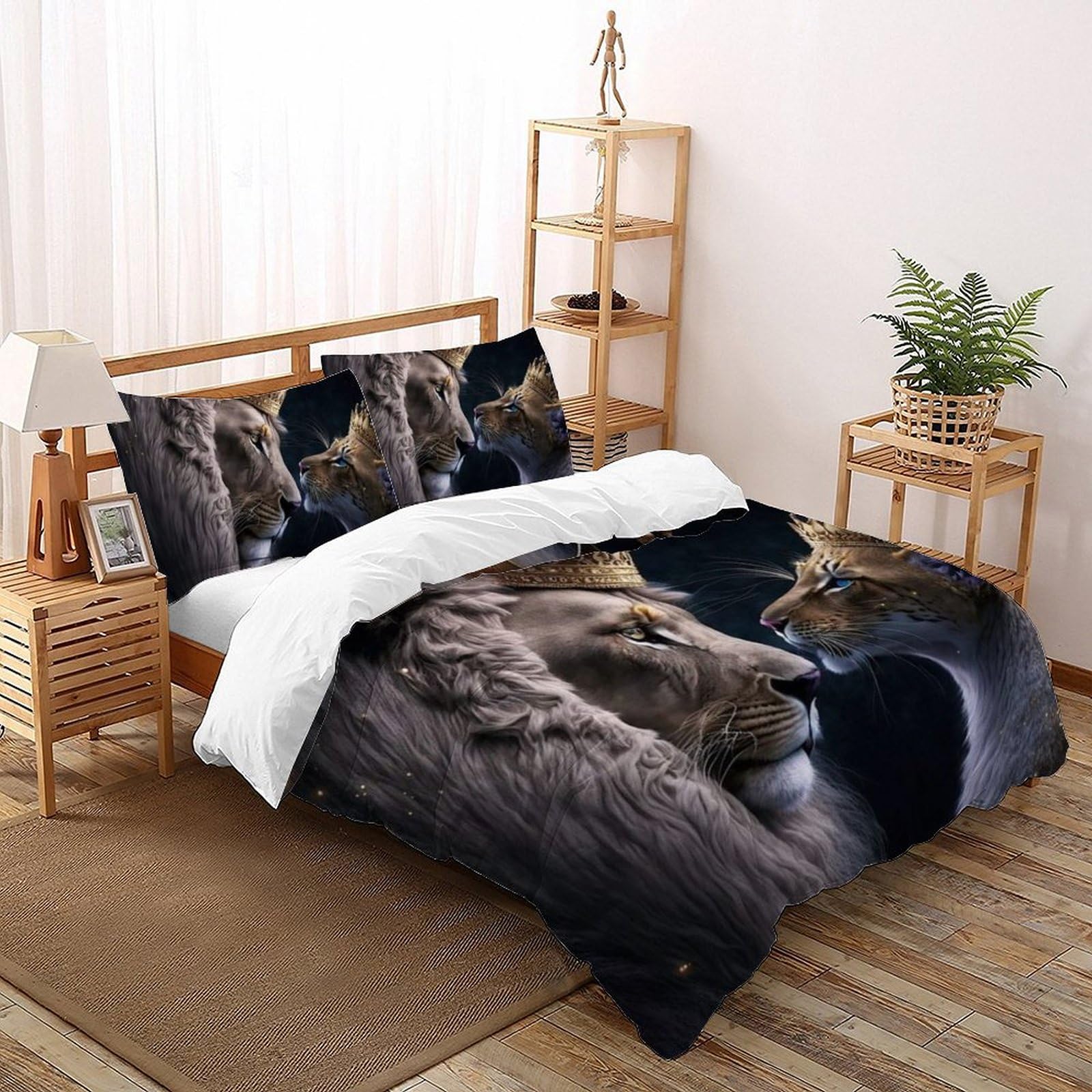 Housse de couette lion 200x200 parure lit infroissable zip facile animal sauvage