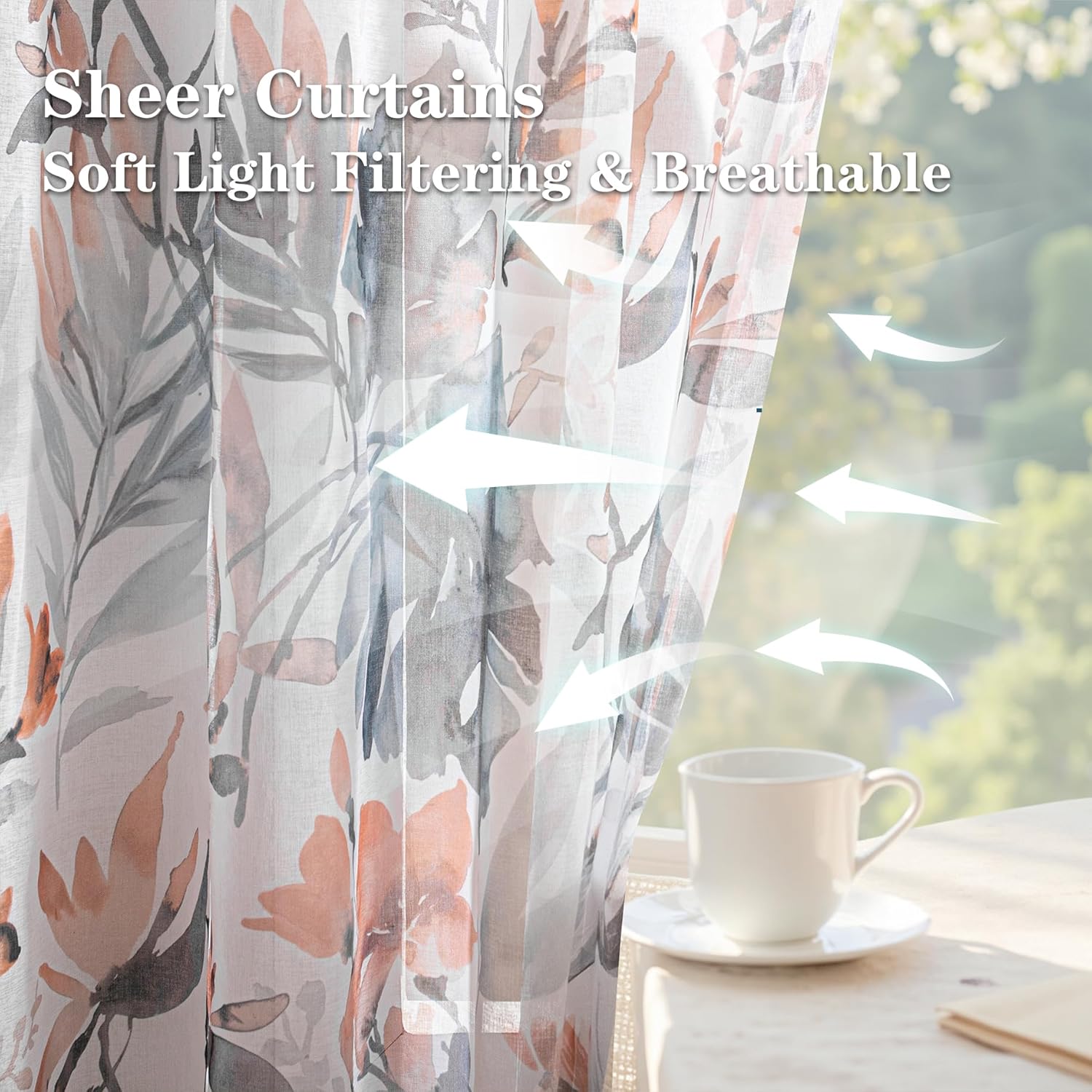 MEETSKY Floral Sheer Curtains 84 inches Long, Rod Pocket Curtains for Living Room/Bedroom, Light Filtering Semi Sheer Botanical Printed Drape, Set of 2 Panels, Orange, 52 x 84 inch image 3