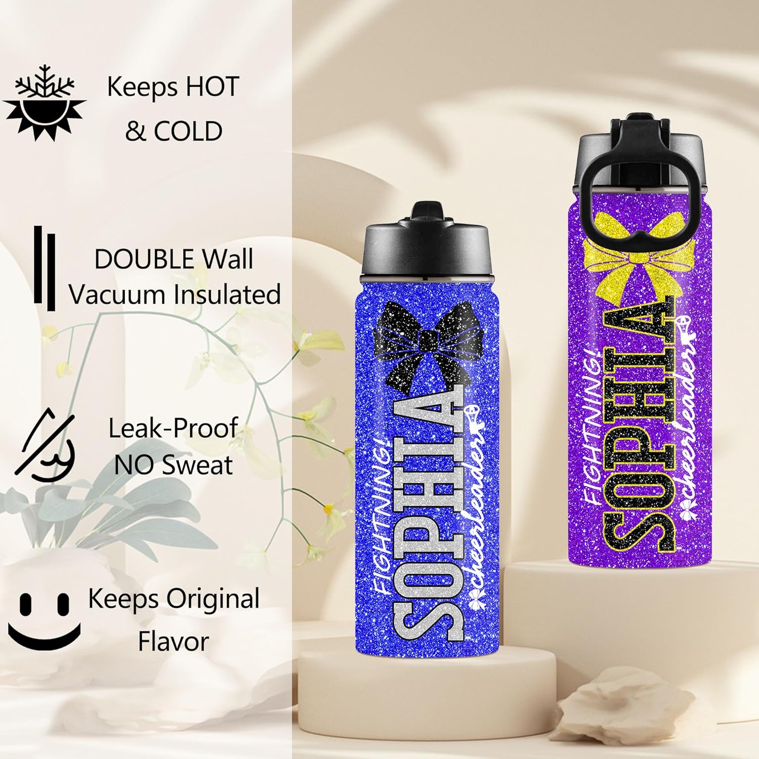 Personalized Cheerleader Water Bottles with Name 18 oz, Insulated Stainless Steel Sports Bottle with Spout Lidw, Cheerleader Gift Bulk for Team, Squad Gifts - Image 4