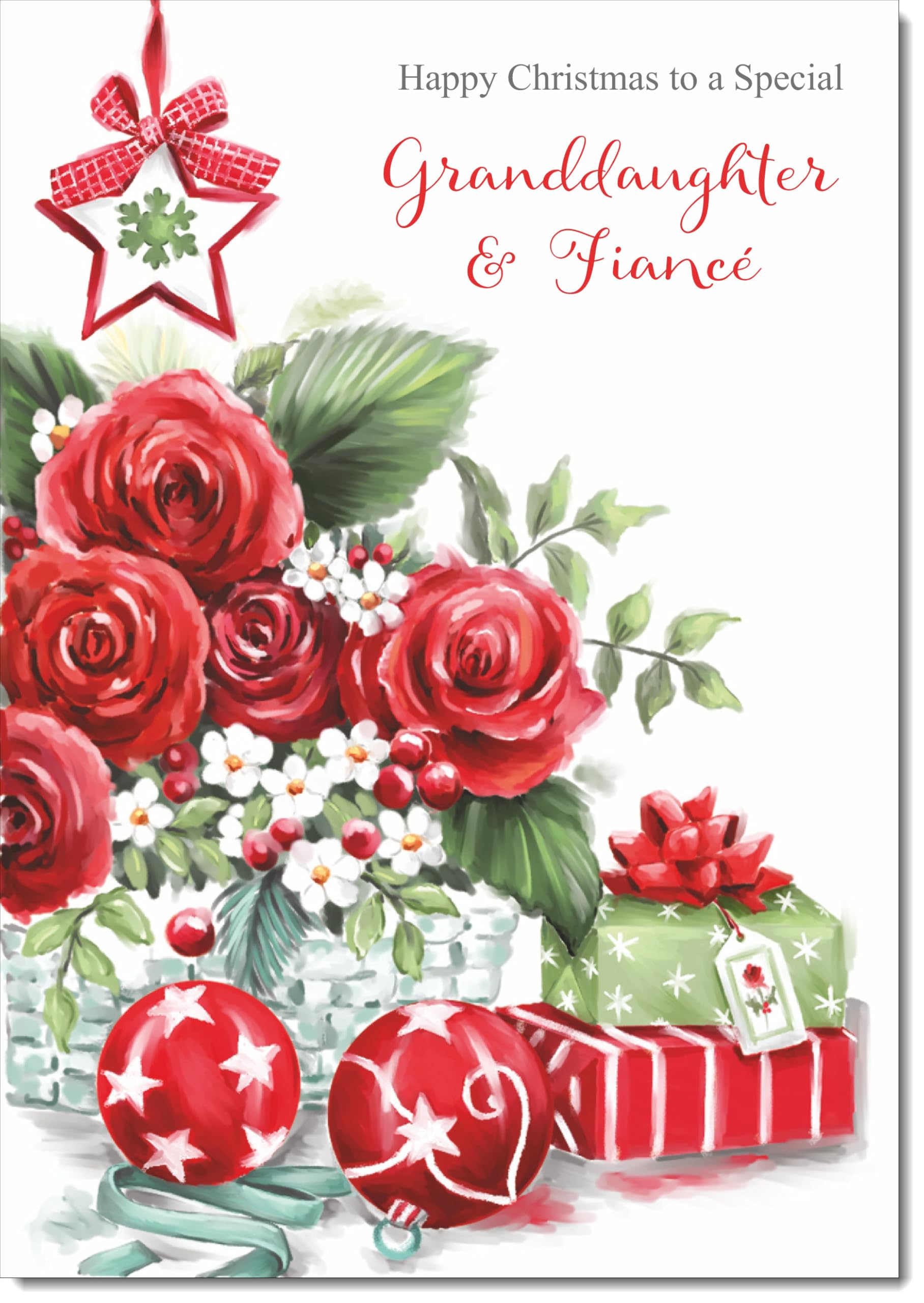 doodlecards Granddaughter and Fiance Christmas Card Red Flowers Large A4 Size Christmas Card for Granddaughter & Fiance with Plain Envelope