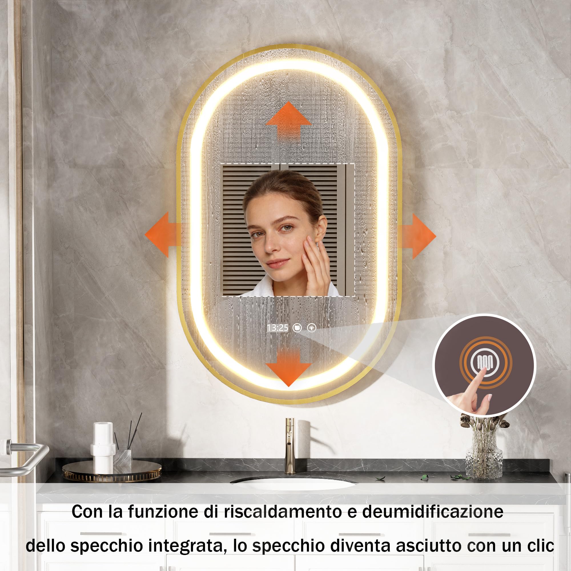 Specchio Bagno con Luce e Antiappannamento 50x80 cm Ovale Specchi da Parete con Orologio e indicatore della Temperatura per Bagno Led illuminato Regolabile in 3 colori (Spina standard-EU)