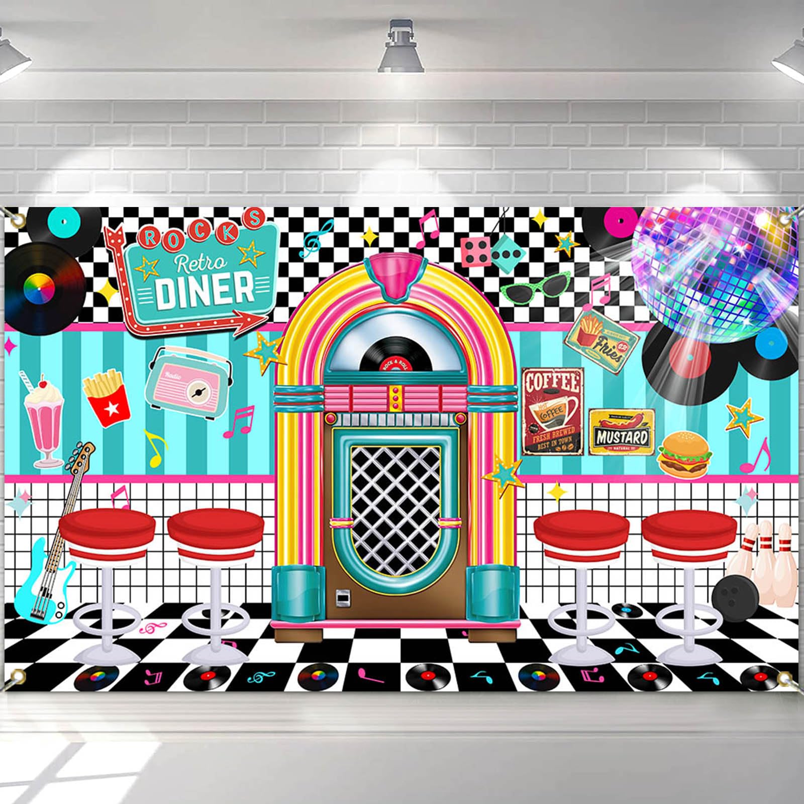 Avezano 50s Retro Diner Party Banner 50s Rock and Roll Diner Classic Backdrop Banner Decorations 1950s Sock Hop Party Photo Backgroud Banners 70.8 x 43.3 Inch