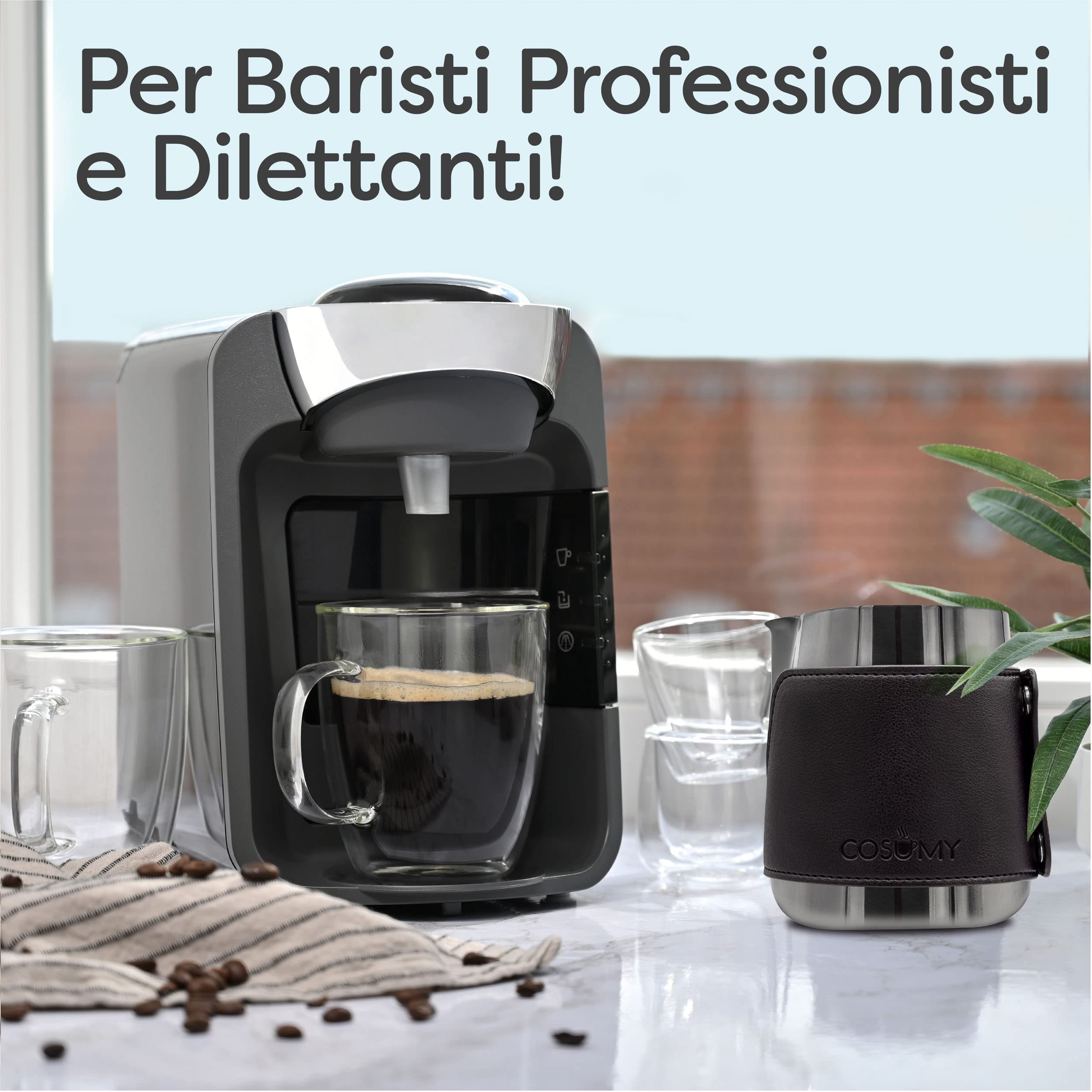 Cosumy Bricco Latte Professionale - Lattiera in Acciaio Inox 500ml - Bricchetto Latte con Segno di Misurazione - Senza Maniglie per il Latte Art