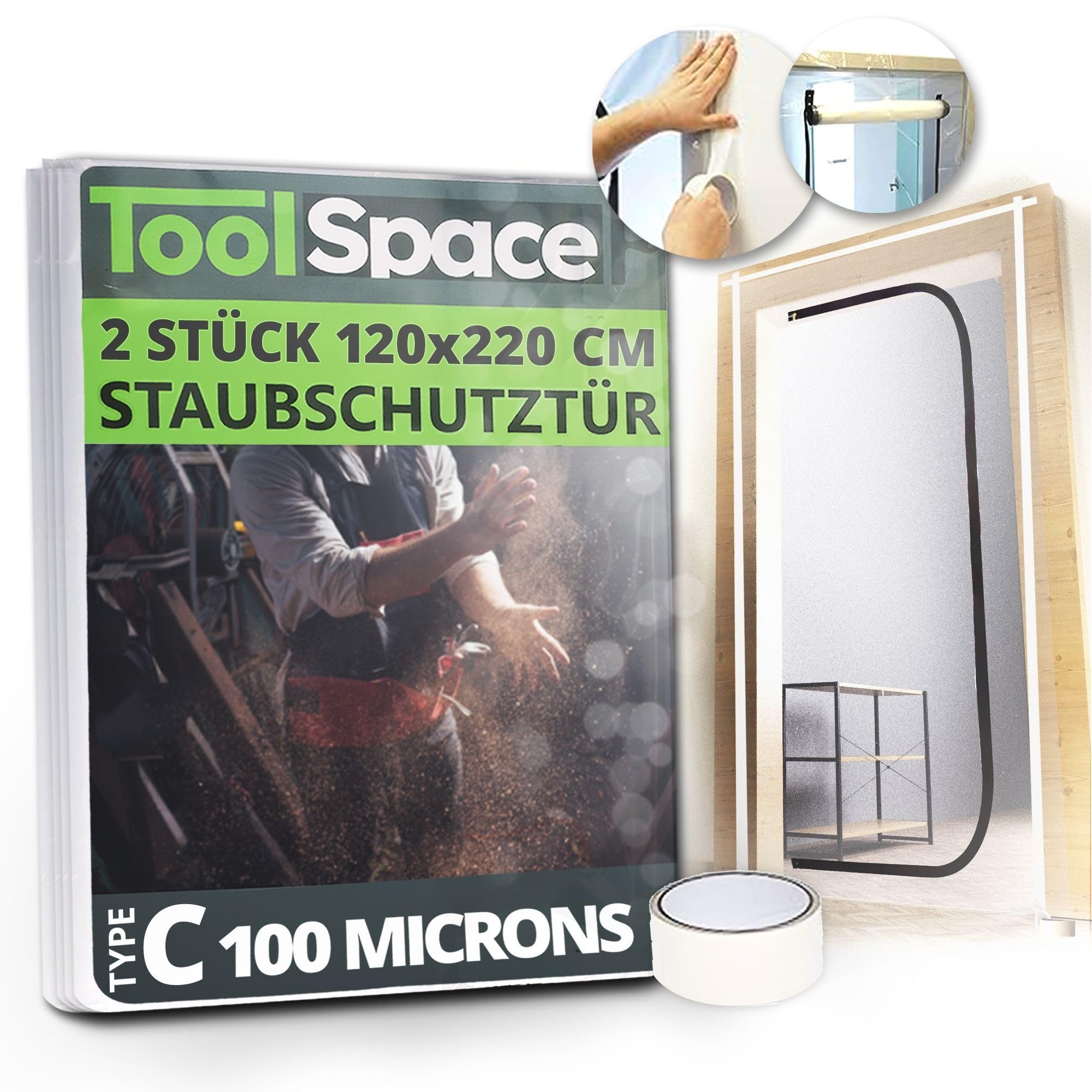 ToolSpace puerta de protección contra el polvo con cremallera 220x120cm TIPO C - Fácil de instalar, reutilizable y duradera - Ideal para renovaciones - Protege contra el polvo