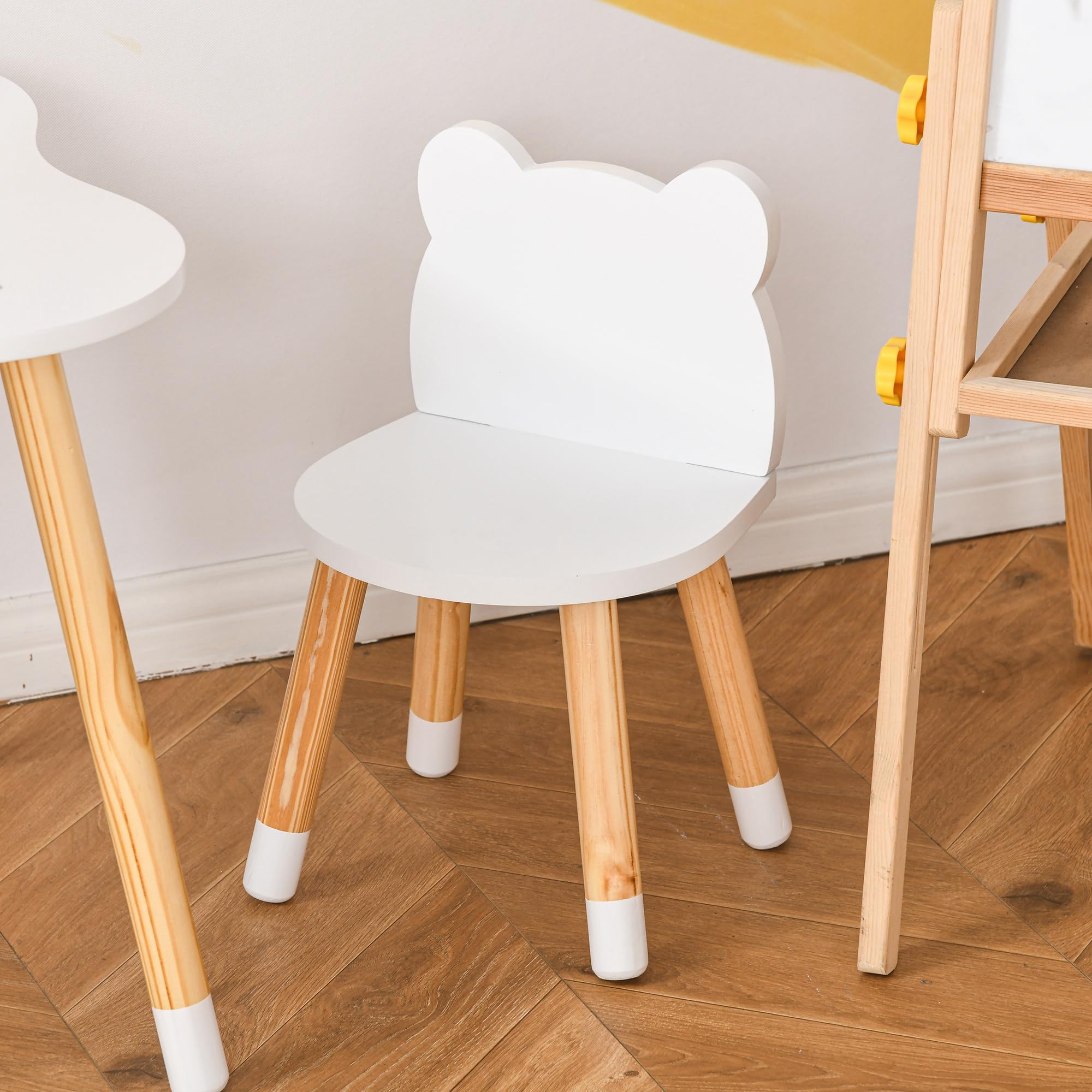 HOMCOM Set Tavolino per Bambini e 2 Sedie, 1-4 Anni, in Legno, Bianco | Tavolo per Bambini, Sedie a Orsetto, per Cameretta