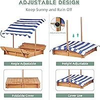 Vista 3 de Caja de arena para niños con cubierta ajustable, caja de arena de madera de 46.5 pulgadas con 2 asientos de banco plegables, arenero al aire libre
