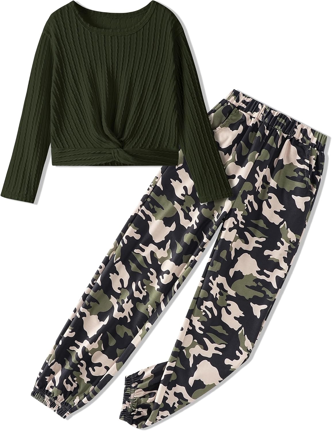 Girls' Clothing Sets Knit Crew Neck Twist Front Tops and Camo Elastic Waist Pants Girls Clothes