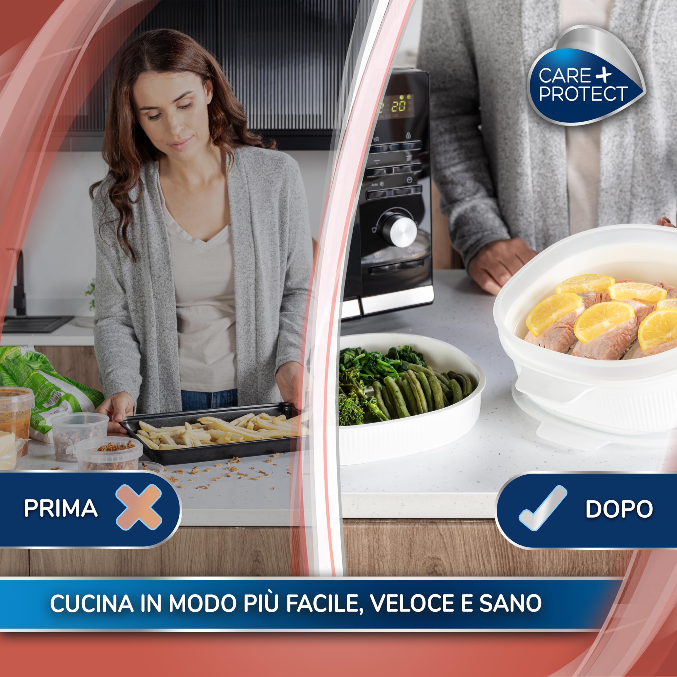 CARE + PROTECT Vaporiera/Pentola a vapore per microonde. Contenitore ideale per cuocere a vapore, servire e conservare, non contiene BPA, 4L, con 2 vassoi
