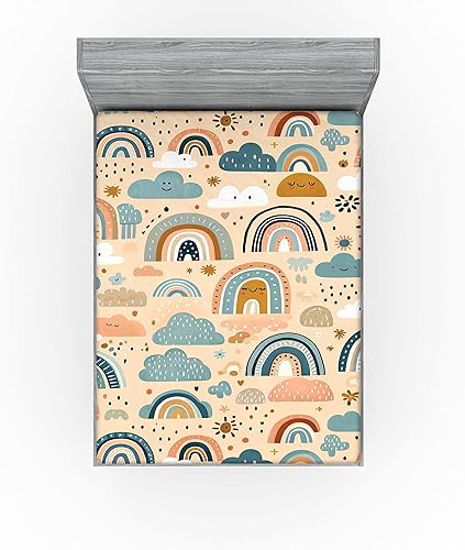 Miniatura 86 de Ambesonne - Sábana bajera ajustable multicolor, en colores y tres tamaños Azul y gris,Verde Militar Sage Green,Ámbar beige,Negro Grey White,Azul