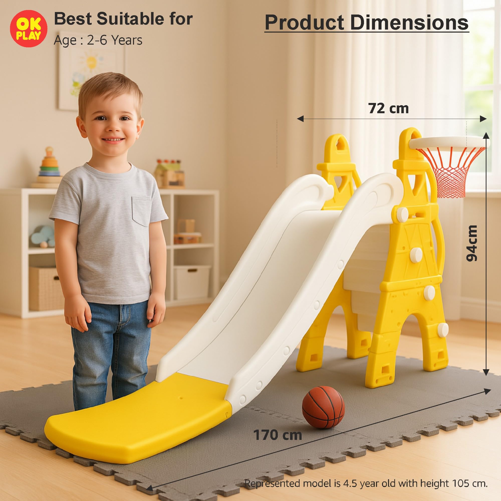 OK PLAY Castle Slide for 2 to 8Years | With Ball and Ring | Indoor Outdoor Games | Perfect Slide for Home, School & Playground | Easy Assembly | Safe & Fun Activity Toy | 170 x 72 x 94cm | Yellow&Grey - Image 2 thumbnail