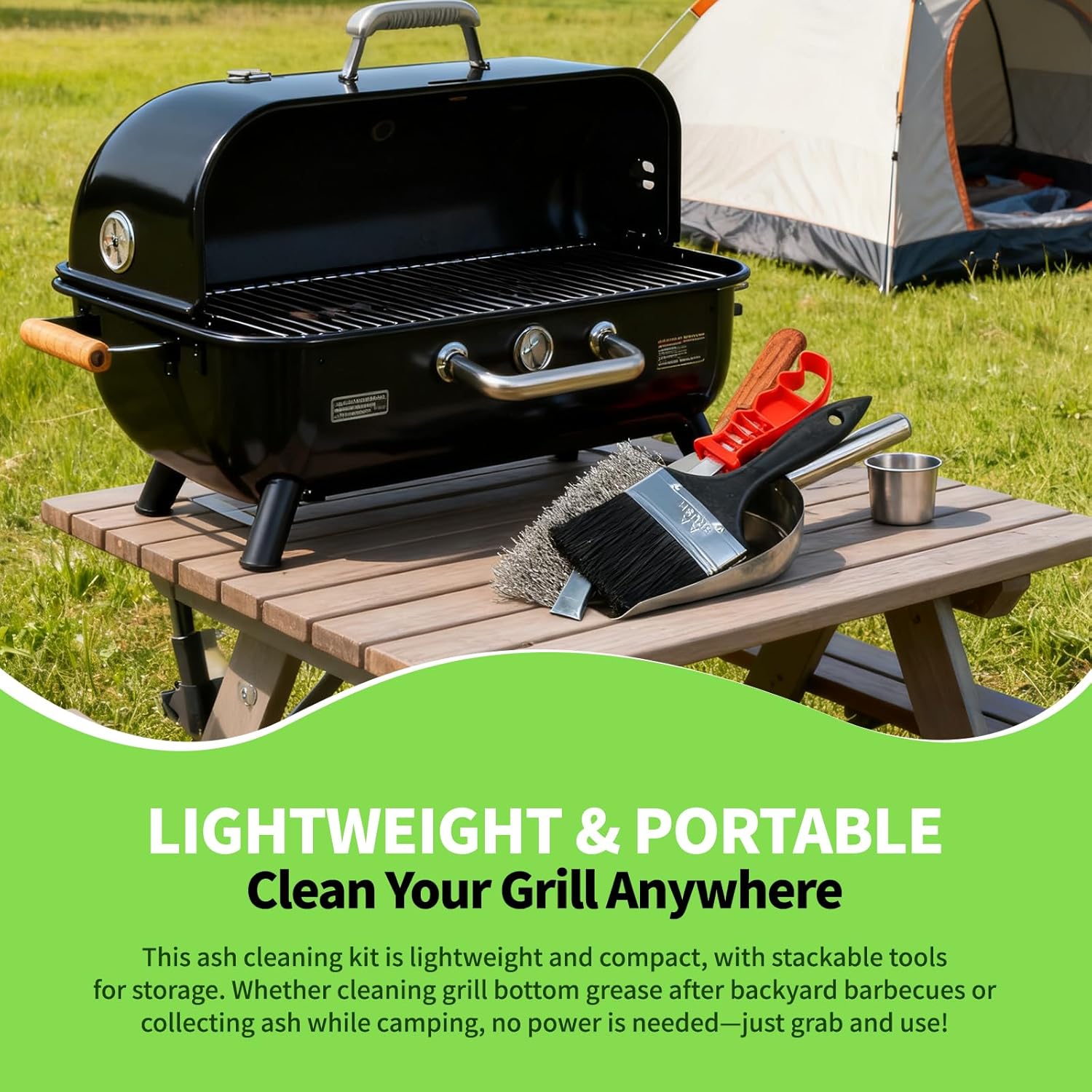 Grill Ash Cleaning Pellet 4-Piece Kit（Metal Material Durability） Includes Wire Brush，Ash Shovel，Bristle Brush，Angled Shovel，Effortlessly Removes Stubborn Grime & Collects Ash Debris