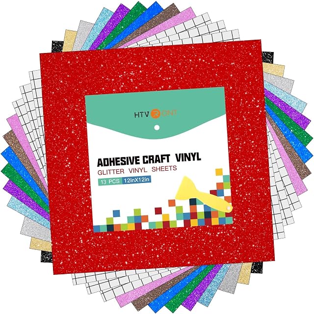 HTVRONT Permanent Vinyl Glitter Adhesive Vinyl Sheets 12" x 12" Shimmer Vinyl, 10pcs Assorted Colours Self Adhesive Vinyl Sheet with 3pcs High Tack Transfer Tape