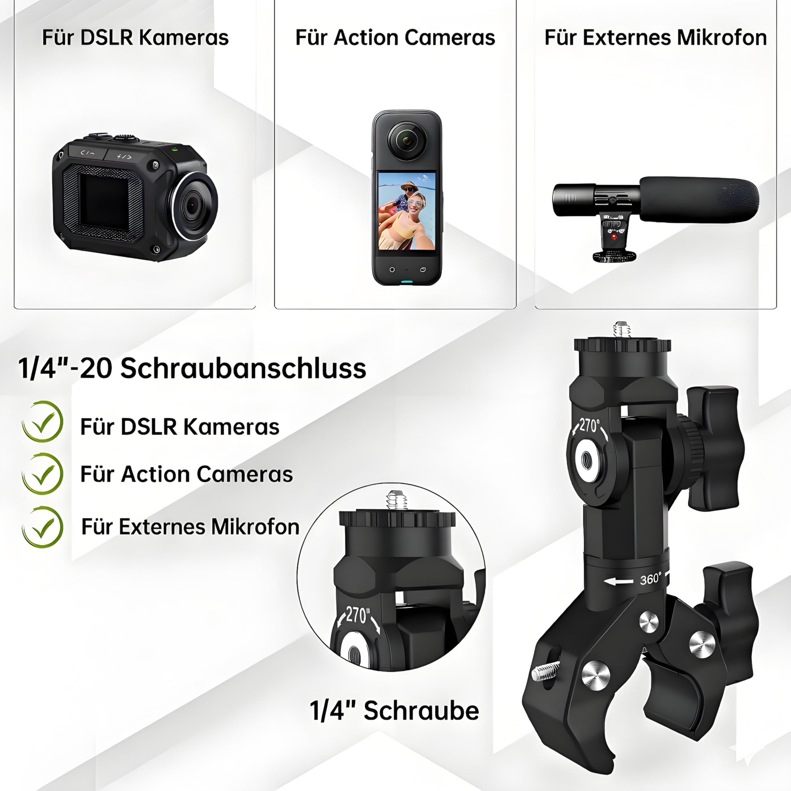 Action-Kamera-Zubehör,Action Cam Motorrad Halterung | Action-Kamera Zubehör-Set für Lenker, Carbon-Verlängerung (20 cm), für Insta360 X5 X4 X3 GO 3S GoPro DJI Osmo Action