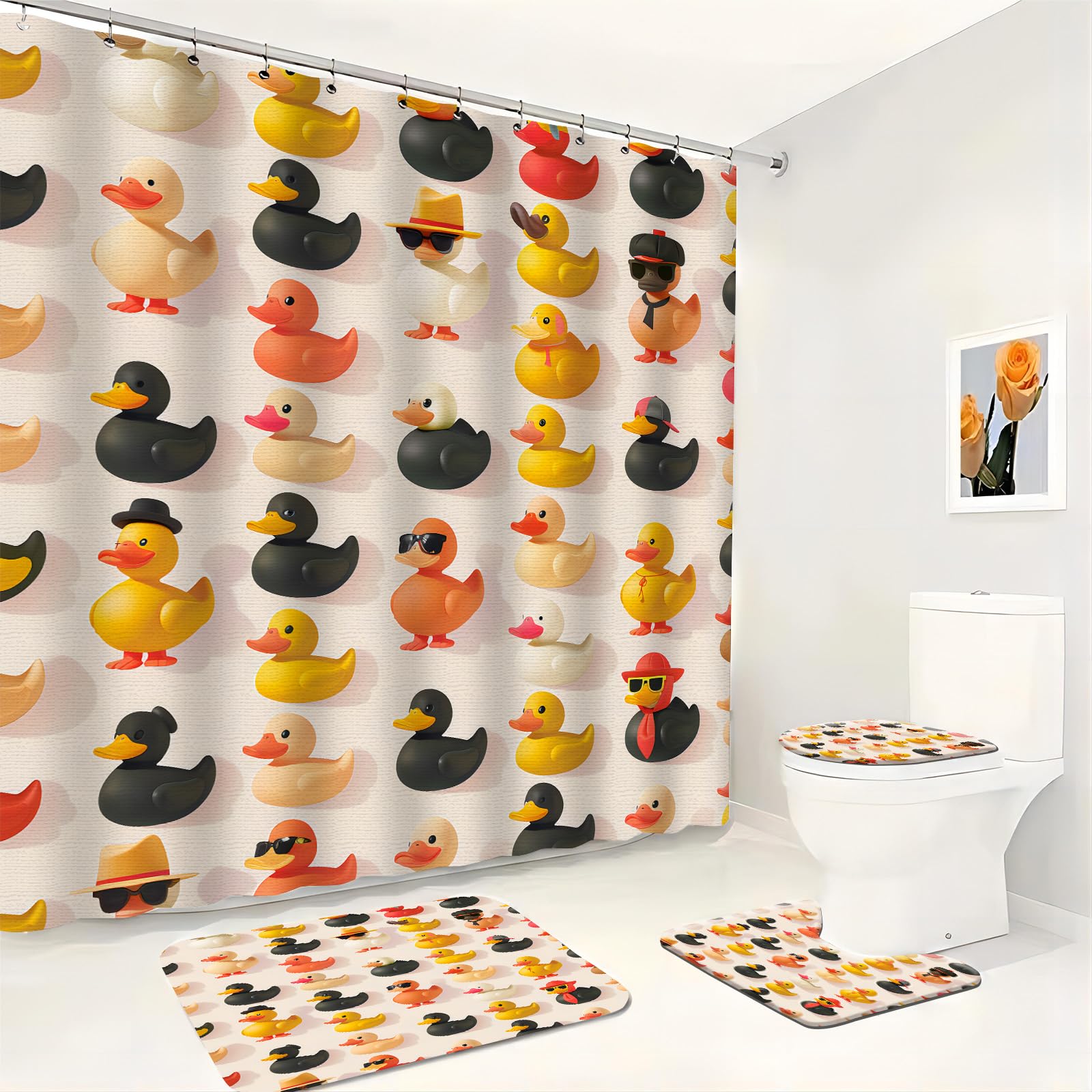 Lot de 4 rideaux de douche colorés en caoutchouc avec tapis antidérapant, housse d'abattant de WC, tapis de bain, rideaux amusants et ludiques, cadeaux de décoration moderne pour adulte, 182,9 x