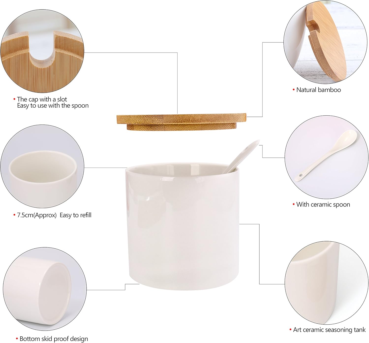 Creative Product June Sky Ceramic Food Storage Containers with Bamboo Lid- Modern Design Porcelain Jar- Perfect Canister for Sugar Bowl Serving Tea, Coffee, Spice- Condiment Pot 8 oz, white