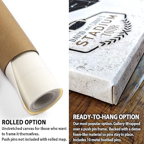 Vista 30 de HolyCowCanvas Personalized Canvas Football Stadium Map Tracker with Pins, Metal Footballs, Customized Sports Gift, Push Pin USA Map (Green Vintage)