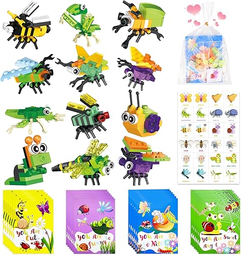 Miniatura 1 de YTKIH Paquete de 24, regalos a granel para el día de San Valentín para el aula de niños, incluye bloques de construcción de insectos, tarjetas,
