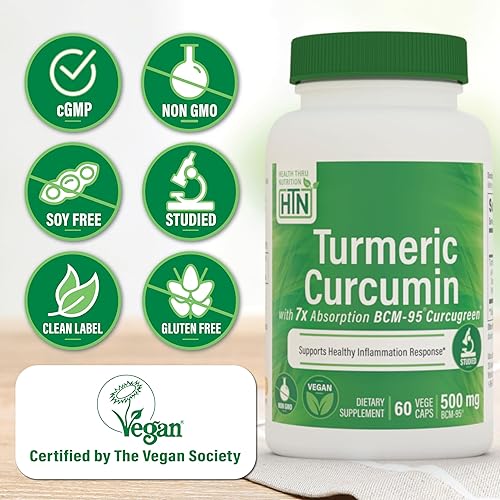 Miniatura 3 de Health Thru Nutrition Complejo de curcumina de cúrcuma de 500 mg  como BCM-95 Curcugreen clínicamente estudiado  Certificado vegano  (sin OMG e