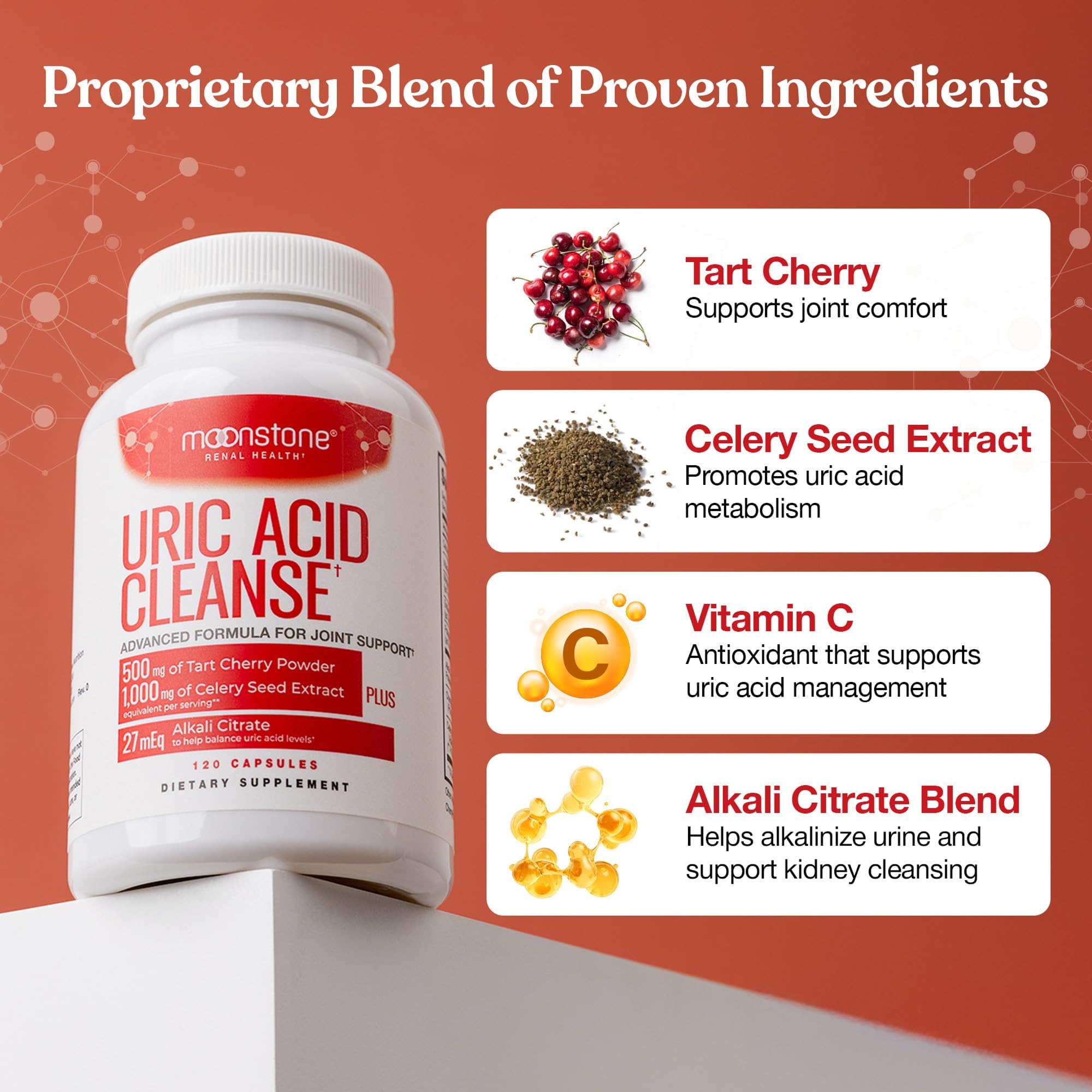 Moonstone Uric Acid Cleanse | Kidney Detox and Joint Support | Tart Cherry Powder, Celery Seed Extract & Alkali Citrate Complex | Urinary Alkalinization | Vegan & Gluten Free Supplements | 120 CT — Amazon image 6