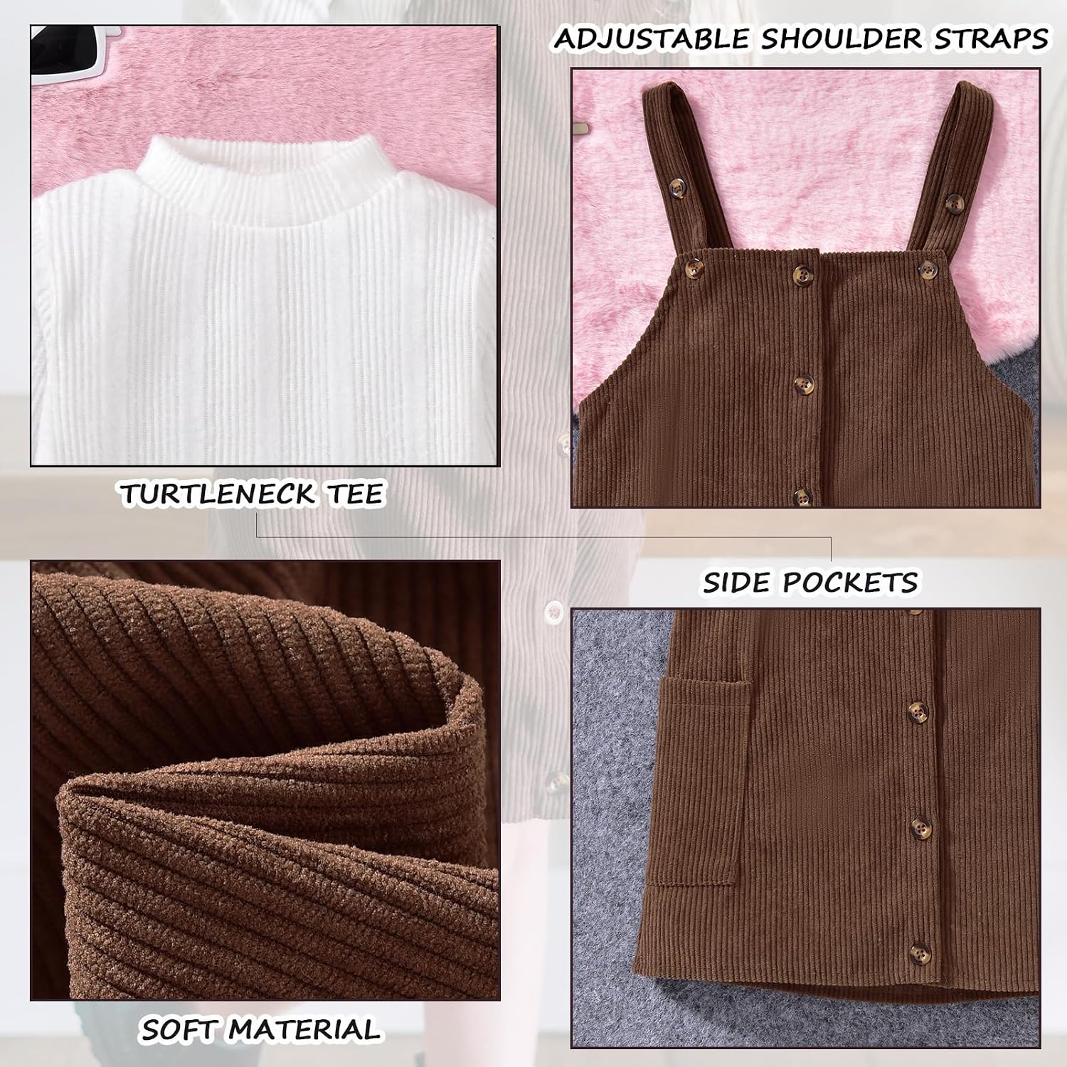 HINTINA Toddler Little Girl Corduroy Button Down Overall Dress Set 2-7Y image 4