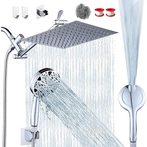 Razime 10''Rainfall Shower Head with Handheld Combo High Pressure 8+2 MODE built-in power wash, Stainless Steel Chrome Showerhead with 11'' Extension Arm Height/Angle Adjustable with Holder&60"Hose