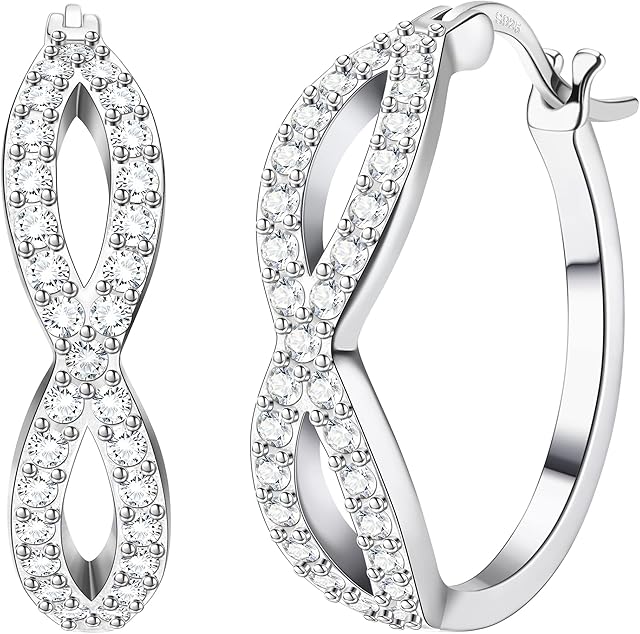 KRFY 925 Sterling Silver Cubic Zirconia Hoop Earrings 18K White Gold Plated Huggie Hoops High Polished Twisted Hoop Earrings Hypoallergenic Hoop Earring for Women Girl