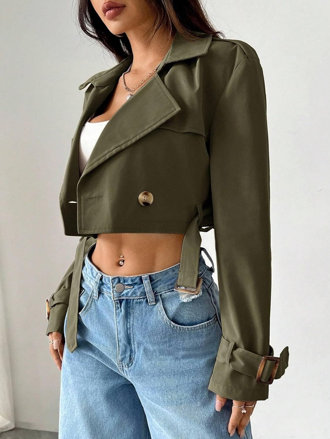 Womens Fashion Trench Outwear Lapel Button Front Long Sleeve Short Trench Coat Jacket Coat