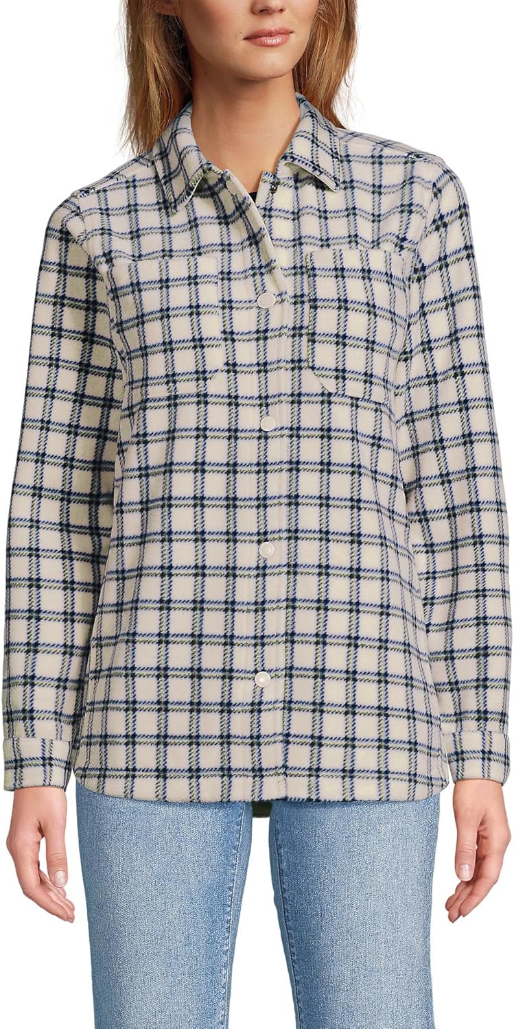 Lands' End Women's Print Anyweather Fleece Shirt Jacket Large Ivory Latte Plaid