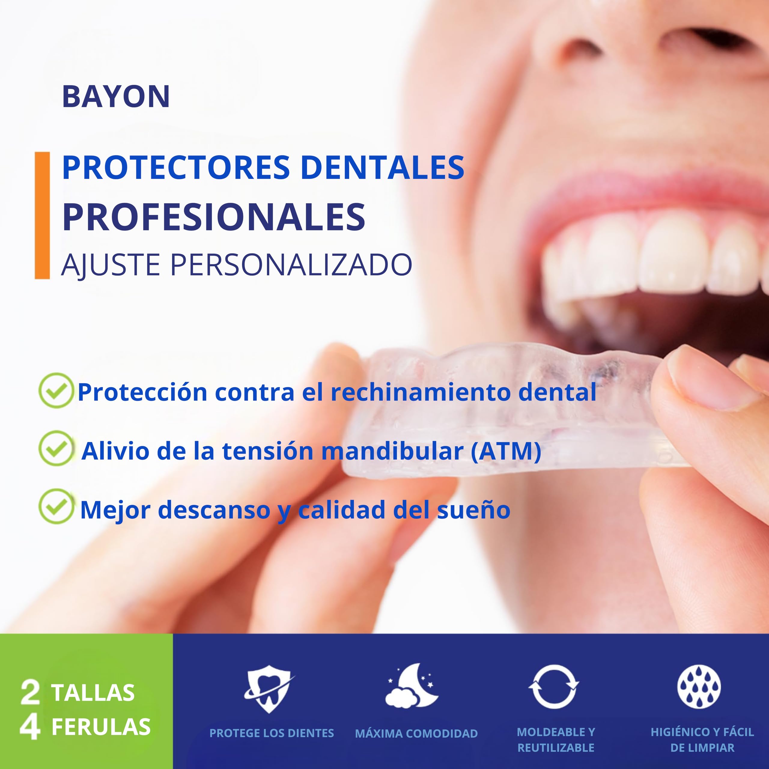 BAYON Férula Descarga Bruxismo Dental Noche – Pack 4 Unidades (2 Pequeñas + 2 Grandes) – Protector Bucal para Dormir – Férula Dental Anti Bruxismo Ajustable y Reutilizable — view 2