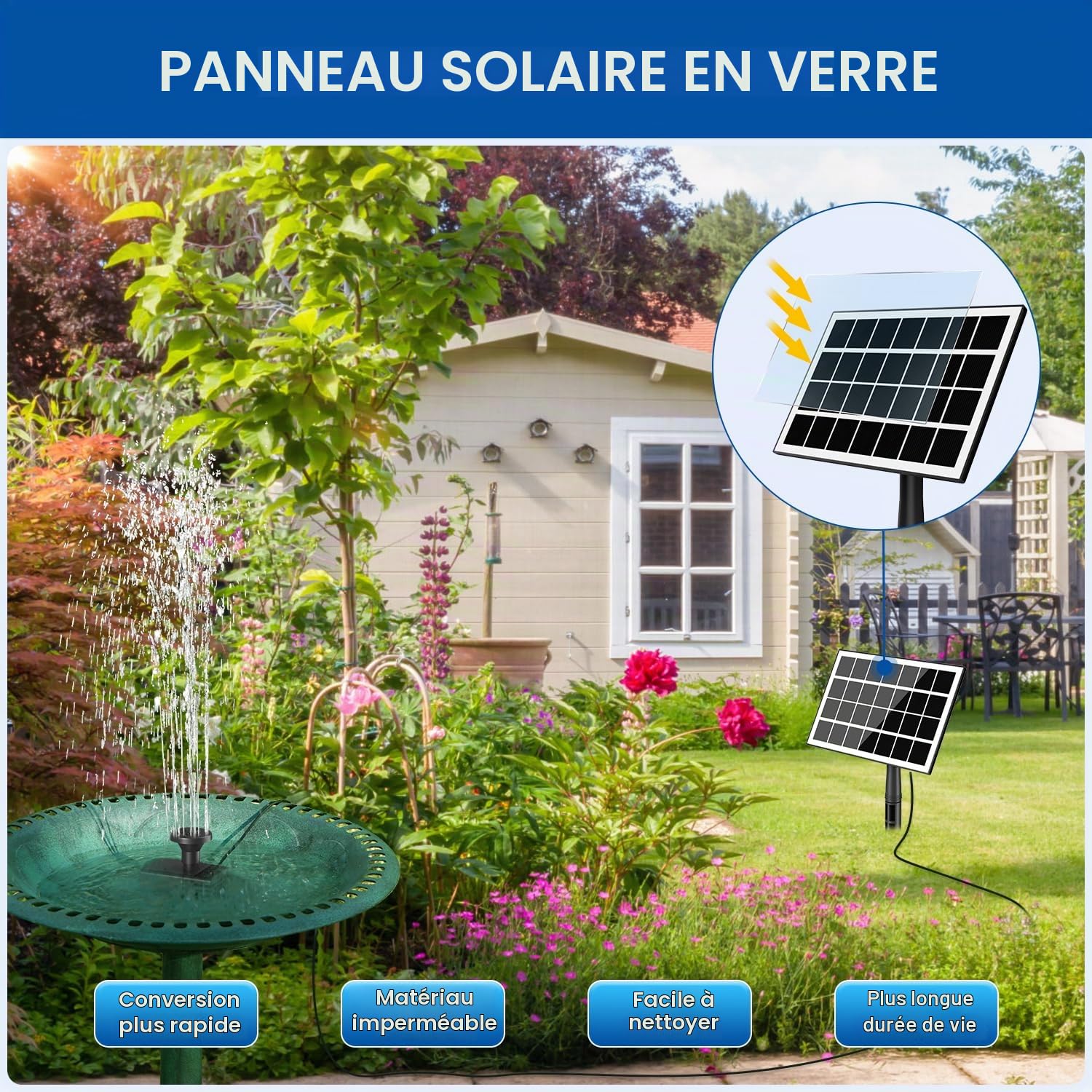 SZMP Fontaine Solaire, DIY 3.5W Solaire Flottant Extérieur Fontaine, Verre Pompe Bassin Solaire avec 8 Buses & 3M Câble Solar Fountain pour Bain d'oiseaux Aquarium Jardin