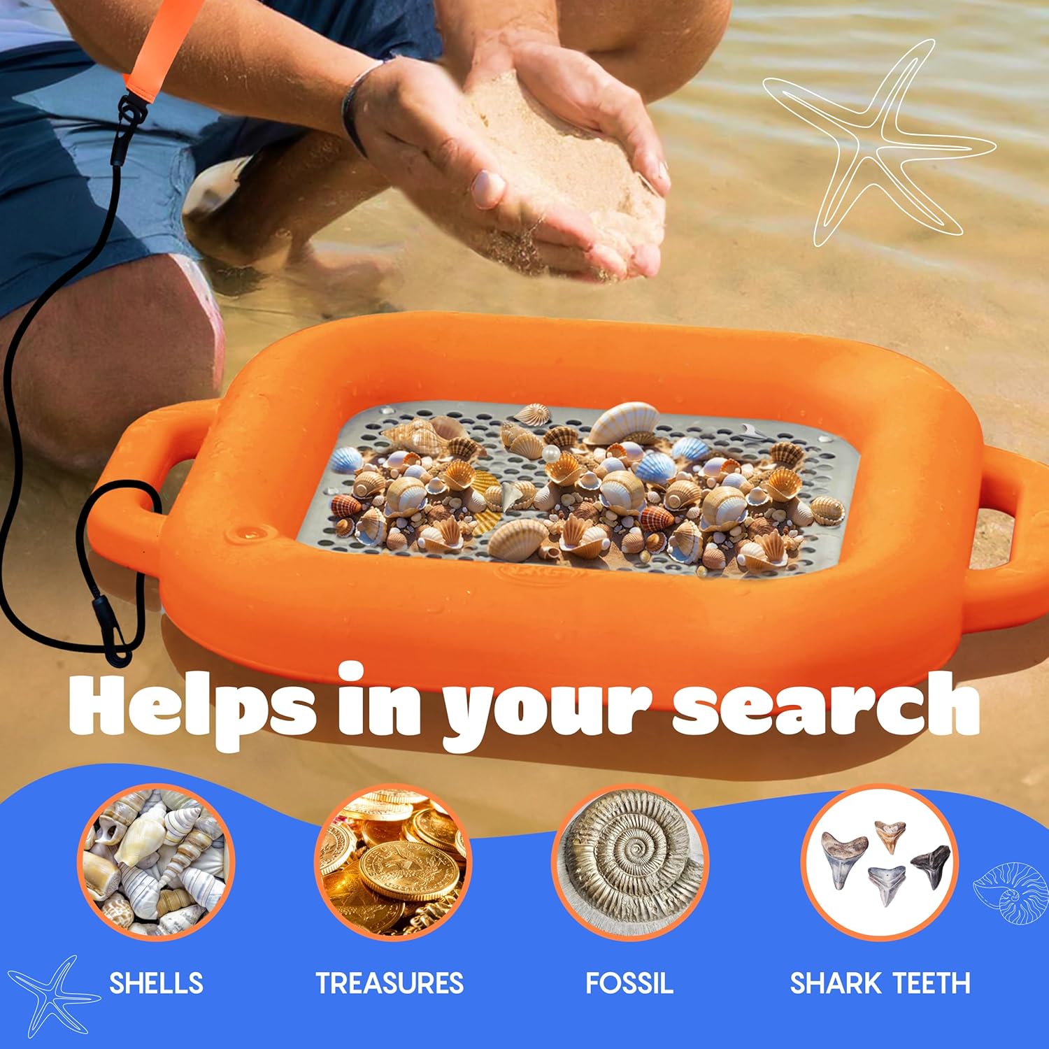 CKG Floating Shark Tooth Sifter for Fossil Hunting and Shark Teeth, Sand Sifter for the Beach with Stainless Steel Mesh & Durable Plastic and Wrist Strap, Orange Color