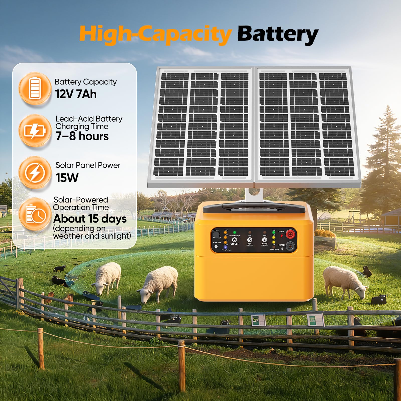 Caricatore solare per recinzione elettrica da 30 km, kit recinzione elettrica regolabile da 0,3 a 1,5 joule con pannello solare da 15 W/batteria da 7 Ah, portatile con uscita fino a 12 kV