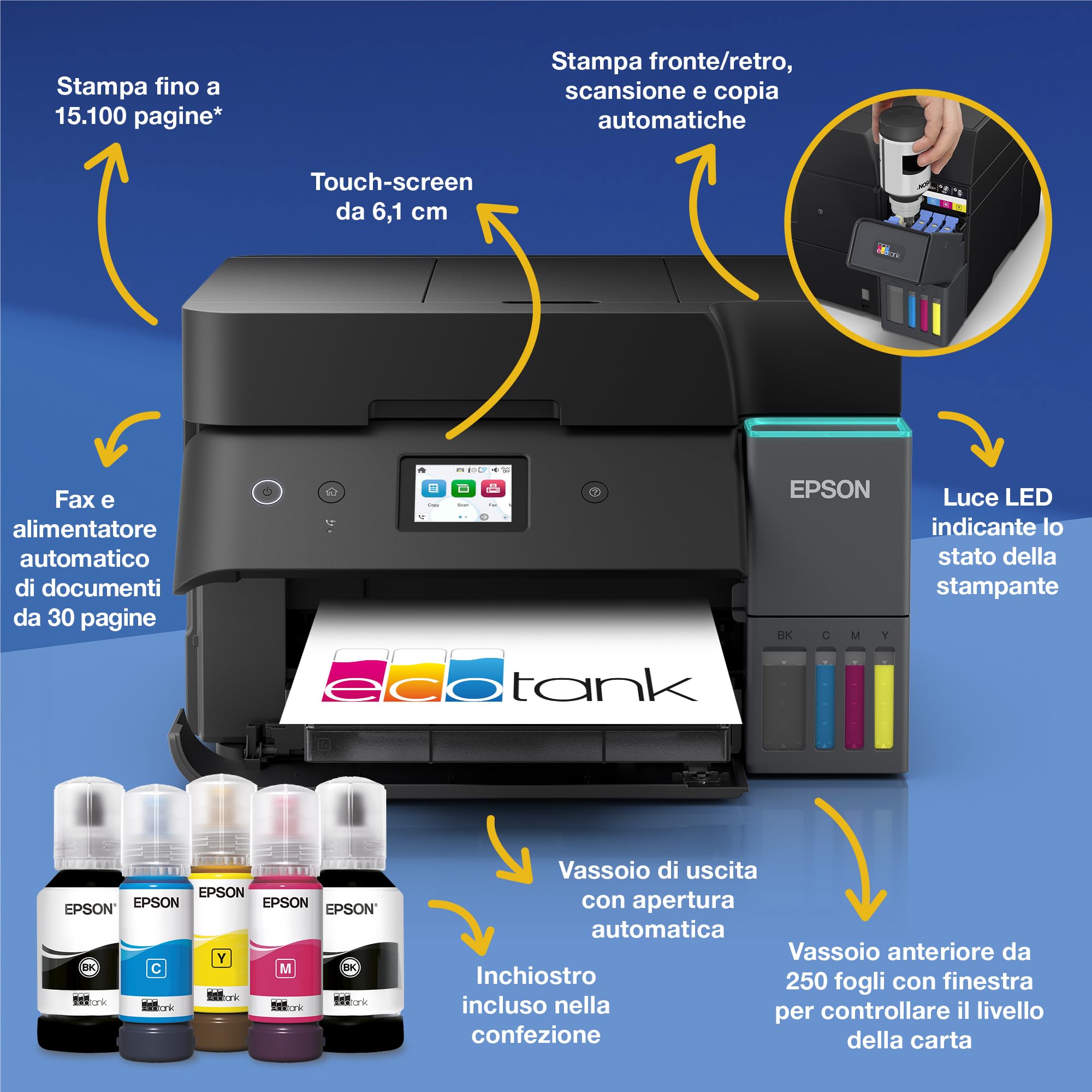 Epson EcoTank ET-4955 Stampante multifunzione A4 Wi-Fi AirPrint ADF fronte/retro scansione copia fax