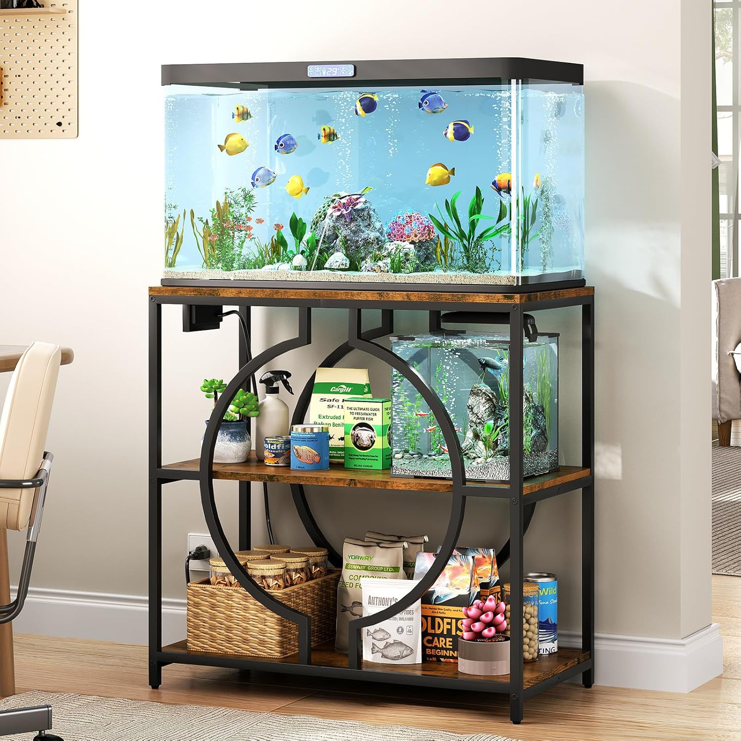 HavenlyYouth 20-29 Gallon Aquarium Stand with Power Outlet, 3 Tier Heavy Duty Metal Fish Tank Stand with Storage Shelf, Fish Tank Table for Home Office, 31.5" L x 15.7" W x 31.2" H, Rustic Brown
