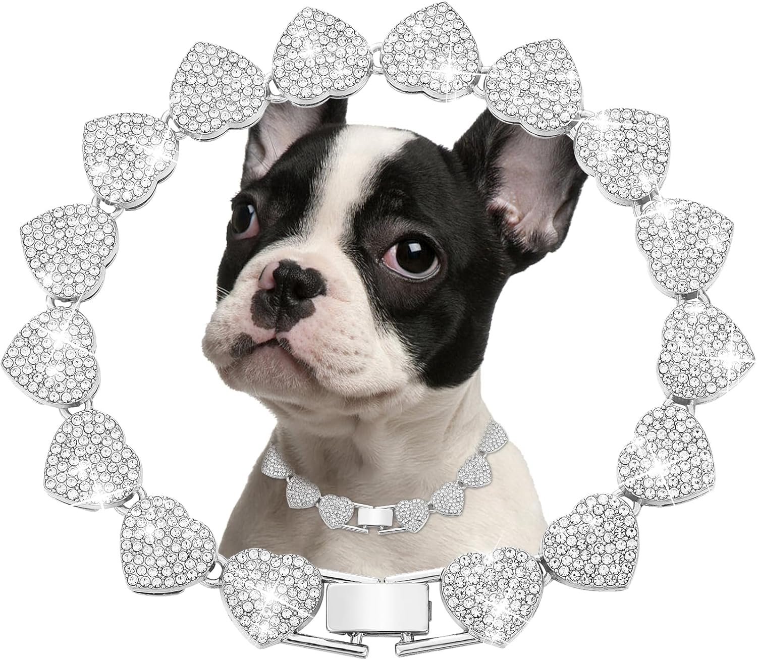 haoyueer Dog Chain Collar, Heart Style Bling Diamond Cuban Link Dog Collars Glitter Chain Rhinestone Puppy Necklace for for XXS XS Small Medium Pet Dogs Cats (Silver, 20 Inch)