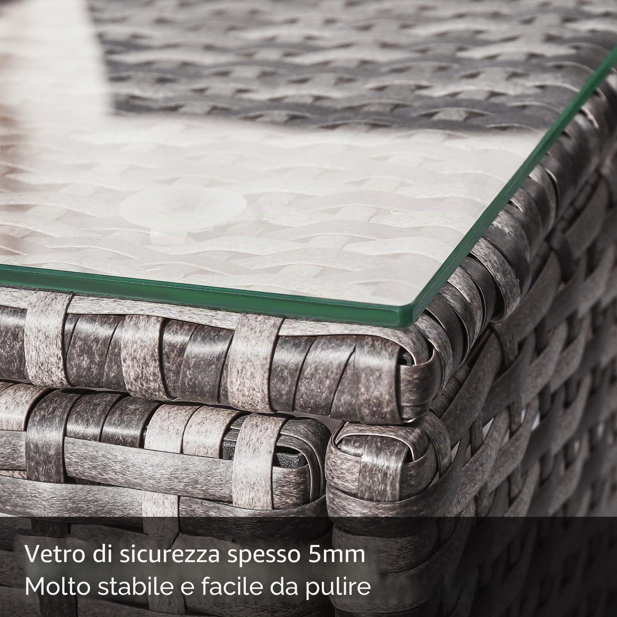 Moimhear Set di divani da salotto in polyrattan, mobili da giardino, set di divani con cuscini di seduta e schienale, tavolo da salotto con piano in vetro, grigio