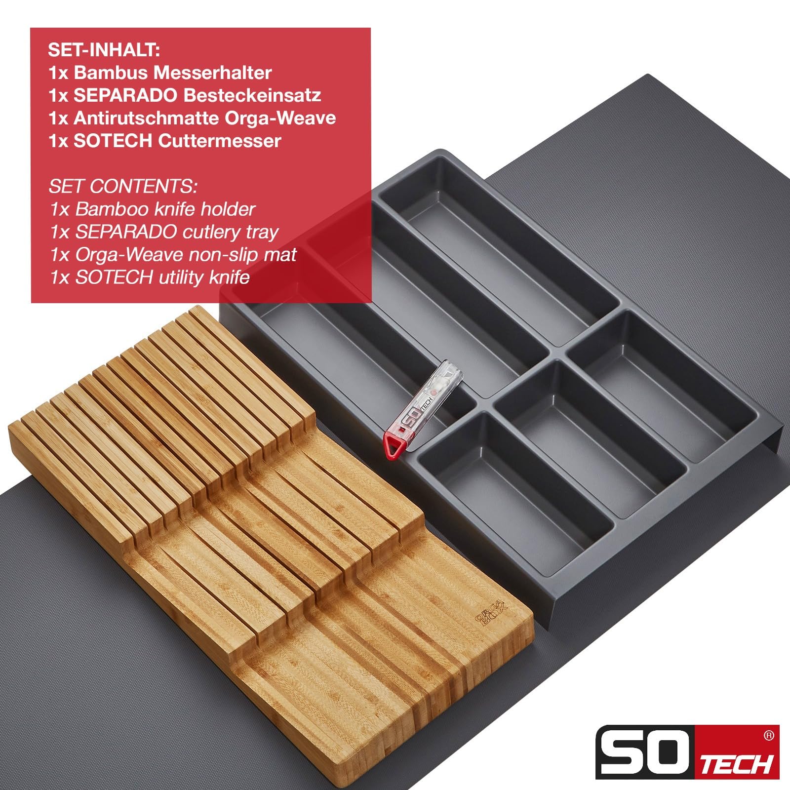 Orga-Box Vario SET 6 anthrazit für 100er Schublade Besteckeinsatz, Messerhalter, Antirutschmatte Orga-Weave