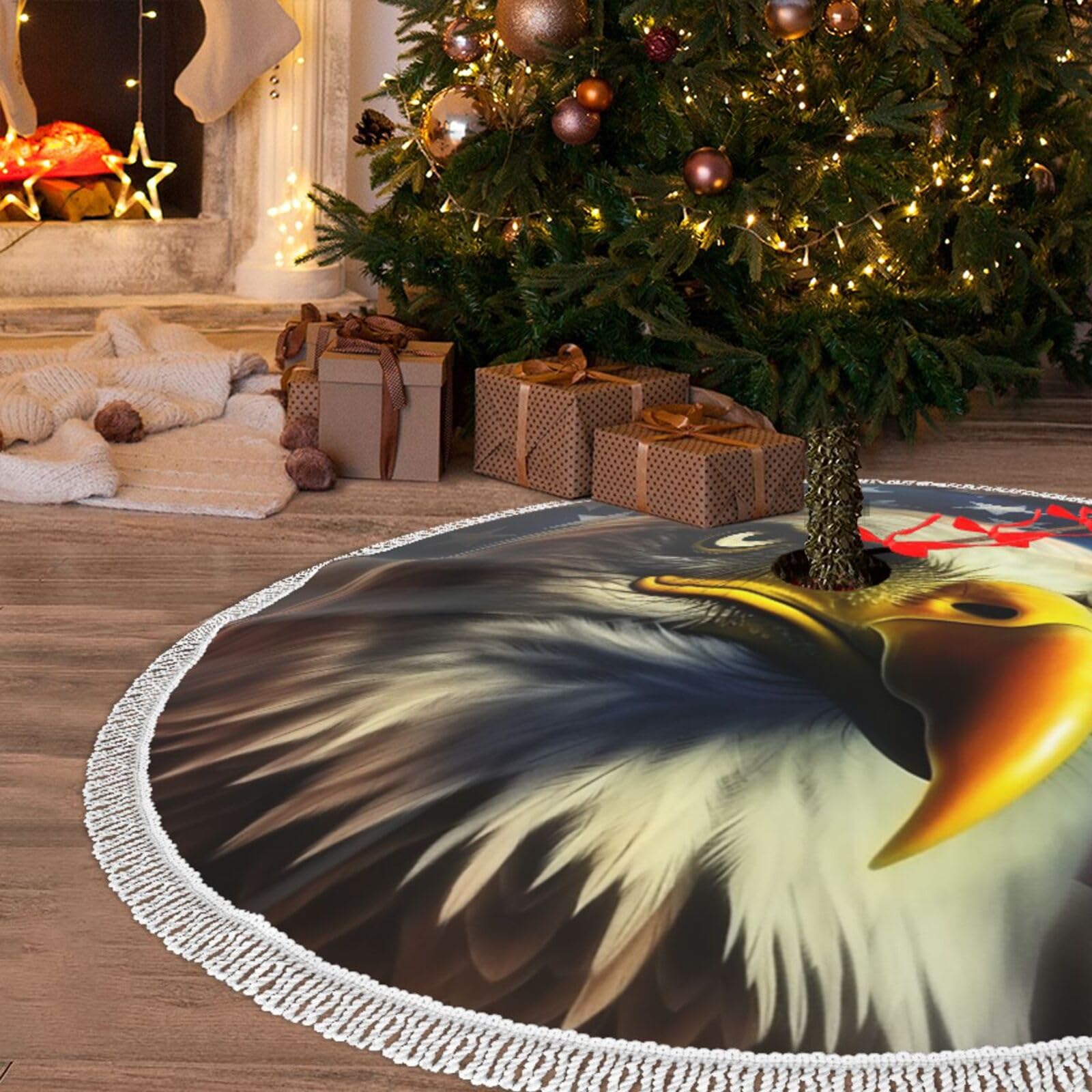Jupe de sapin de Noël en peluche 122 cm avec pompons et motif drapeau américain