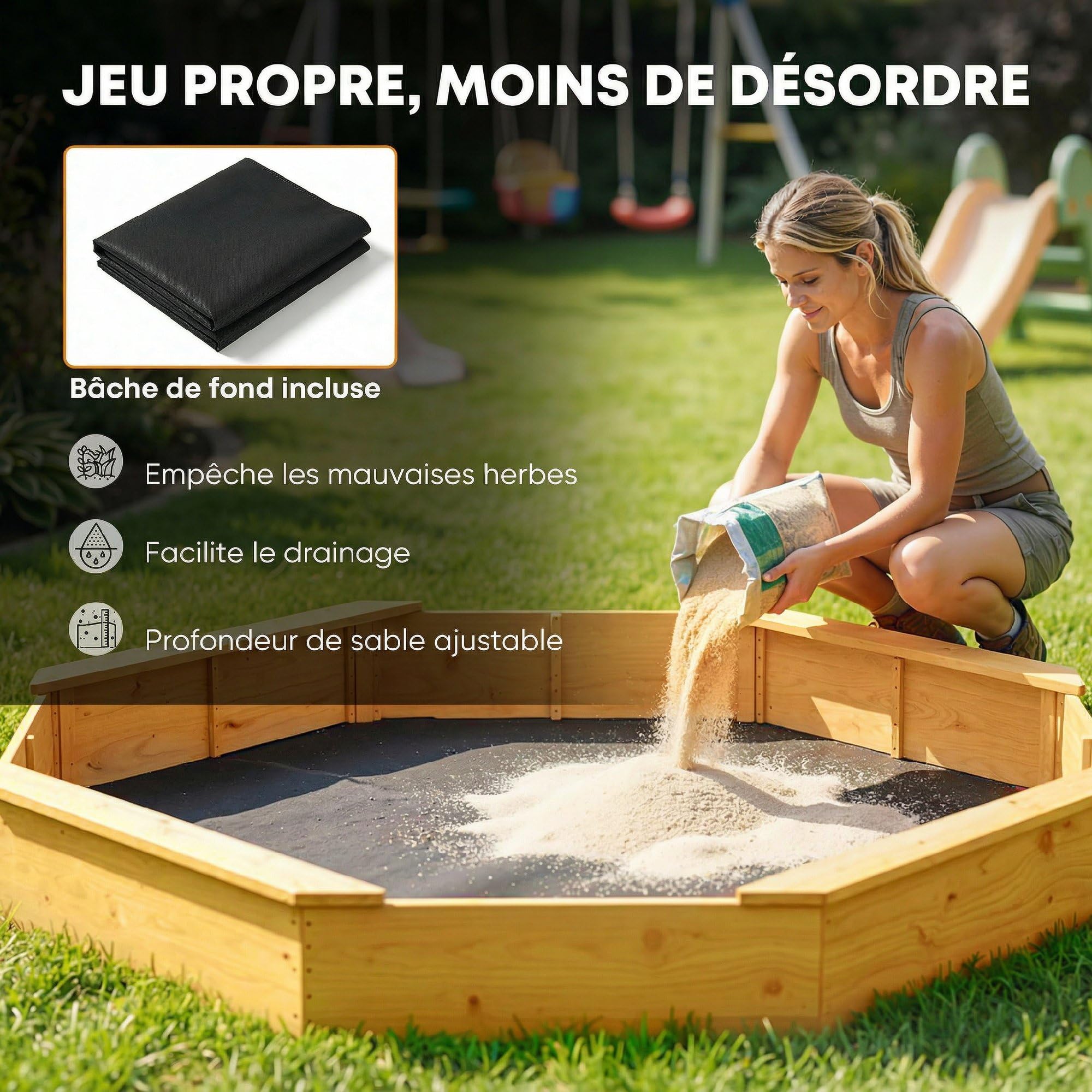 AIYAPLAY Bac à Sable en Bois avec auvent, bac à Sable Enfant extérieur avec 4 bancs, Doublure de Fond, Aire de Jeu extérieure pour 8 Enfants de 3 à 6 Ans, Jaune