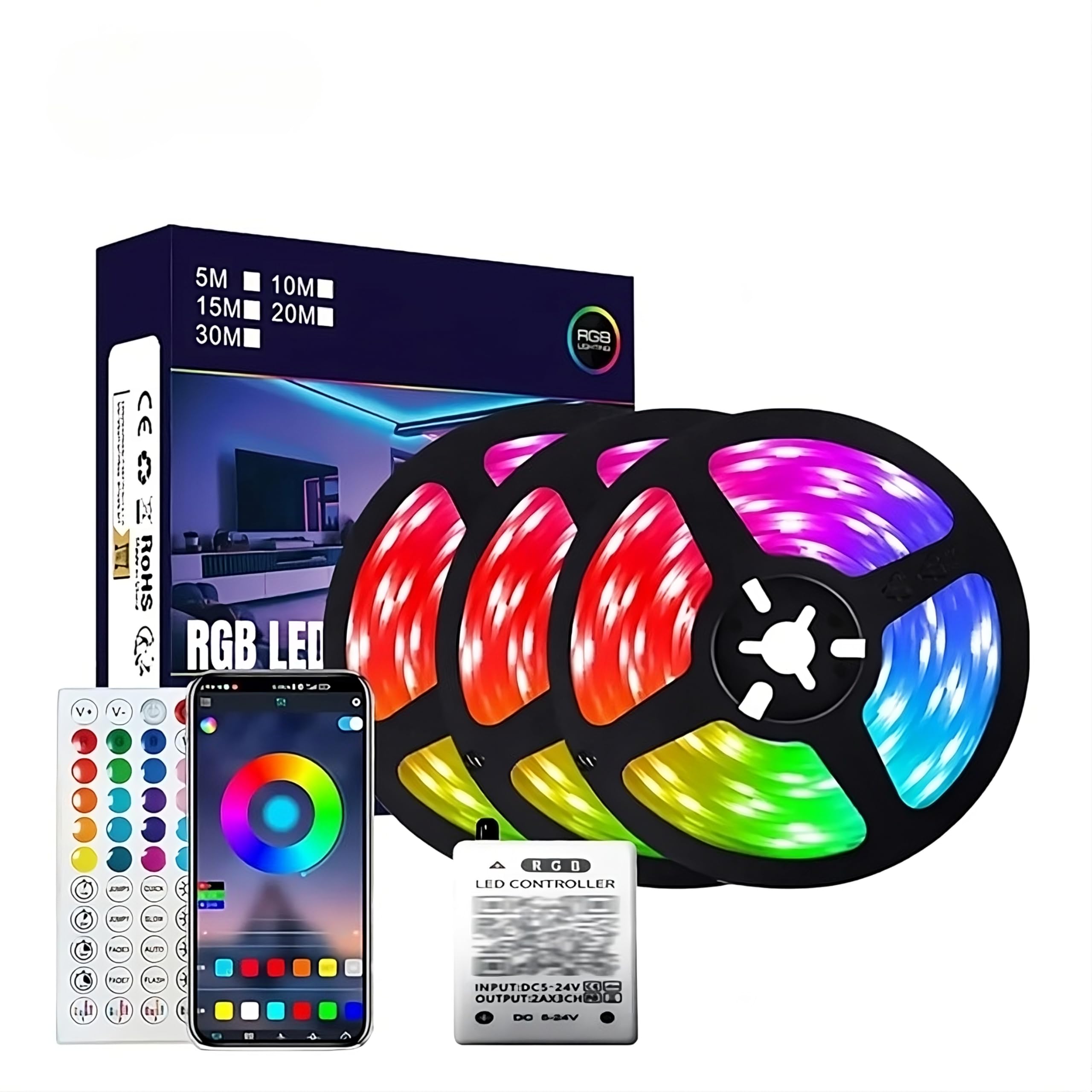5M Smart RGB LED Light Strip - High Density 30 LED/m for Vibrant Lighting - App & Remote Control - 44 Key Controller - Music Sync - Ideal for Home Decoration & DIY Projects