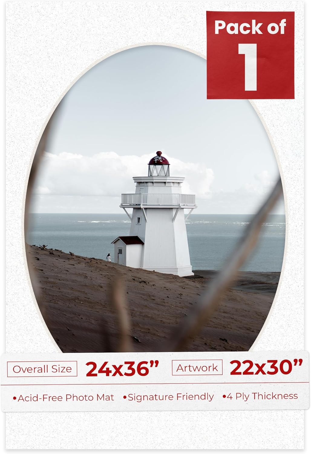 24x36 Mat Bevel Cut for 22x30 Photos - Precut Oyster Shell White Oval Shaped Photo Mat Board Opening - Acid Free Matte to Protect Your Pictures - Bevel Cut for Family Photos, Pack of 1 Matboard