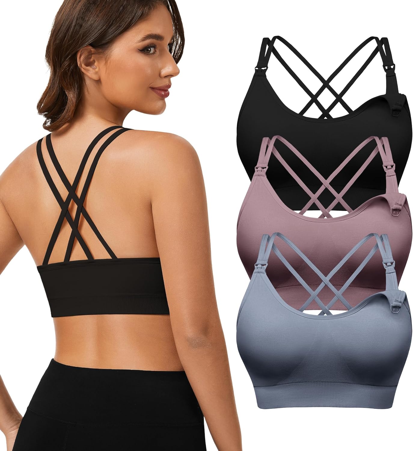 Angelhood Nursing Bras for Breastfeeding, Criss-Cross Back Nursing Sports Bra, Low Impac Support Yoga Maternity Bras