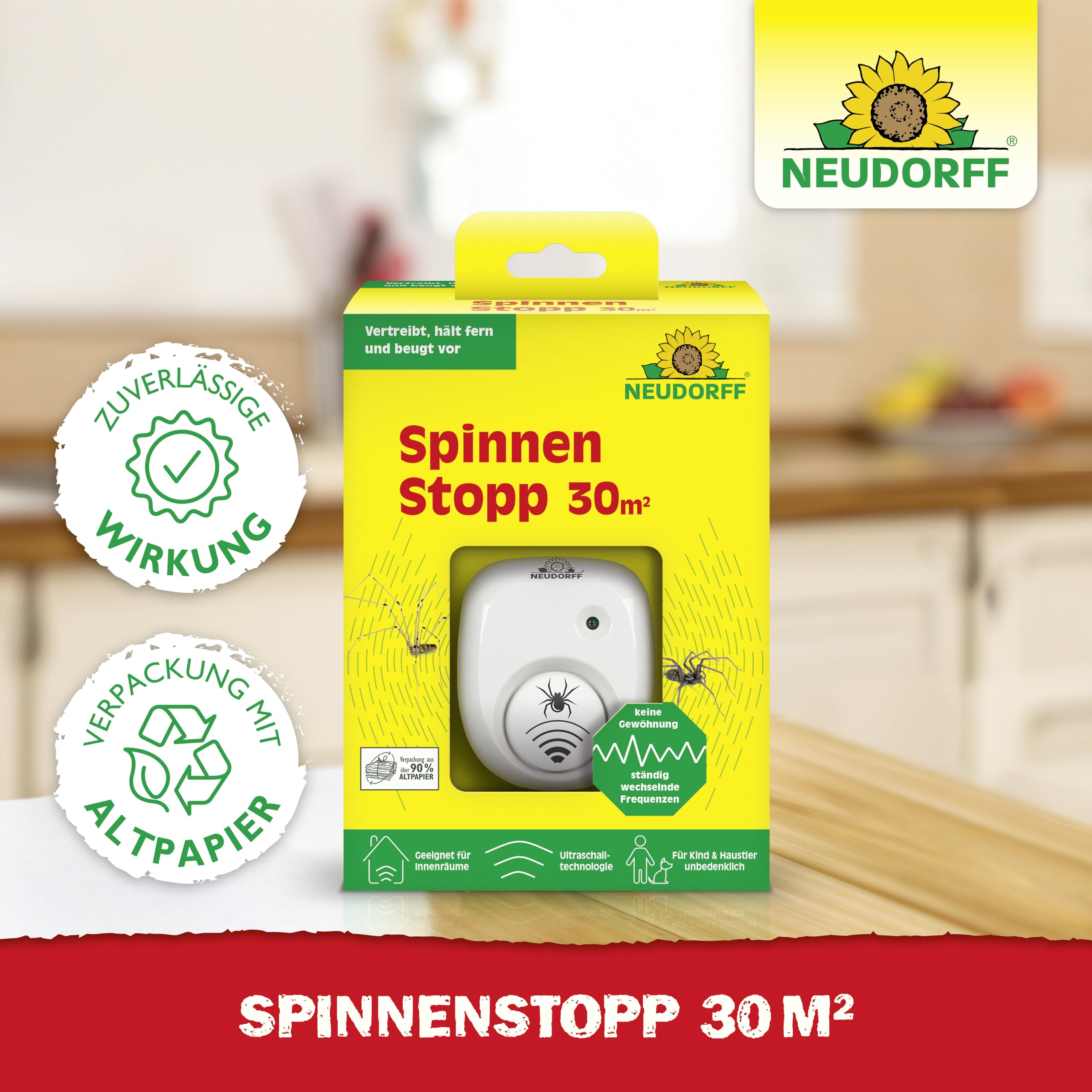 Neudorff SpinnenStopp 30m² – Vertreibt Spinnen sofort und dauerhaft aus Wohnräumen, Dachböden, Kellern und Garagen. Anti Gewöhnungseffekt, 1 Stück